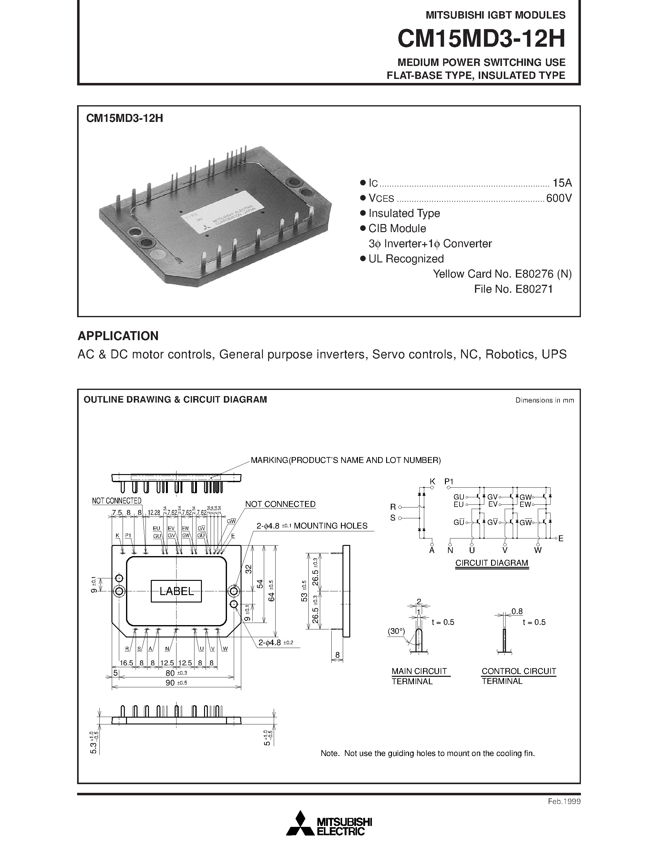Даташит на микросхему CM15MD3-12H страница 1 Даташит CM15MD3-12H - MEDIUM POWER SWITCHING USE FLAT-BASE TYPE/ INSULATED TYPE страница 1