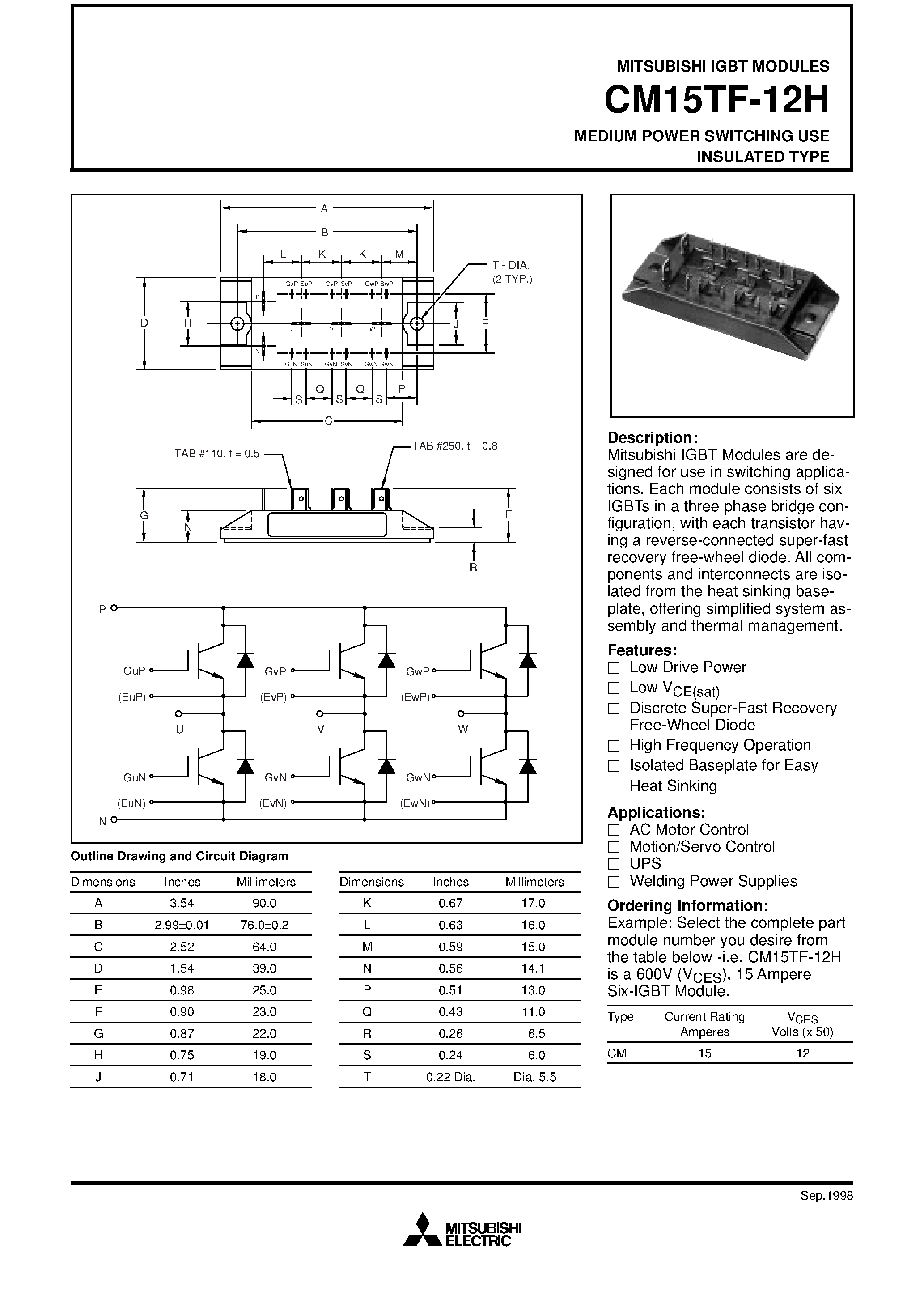 Даташит на микросхему CM15TF-12H страница 1 Даташит CM15TF-12H - MEDIUM POWER SWITCHING USE INSULATED TYPE страница 1