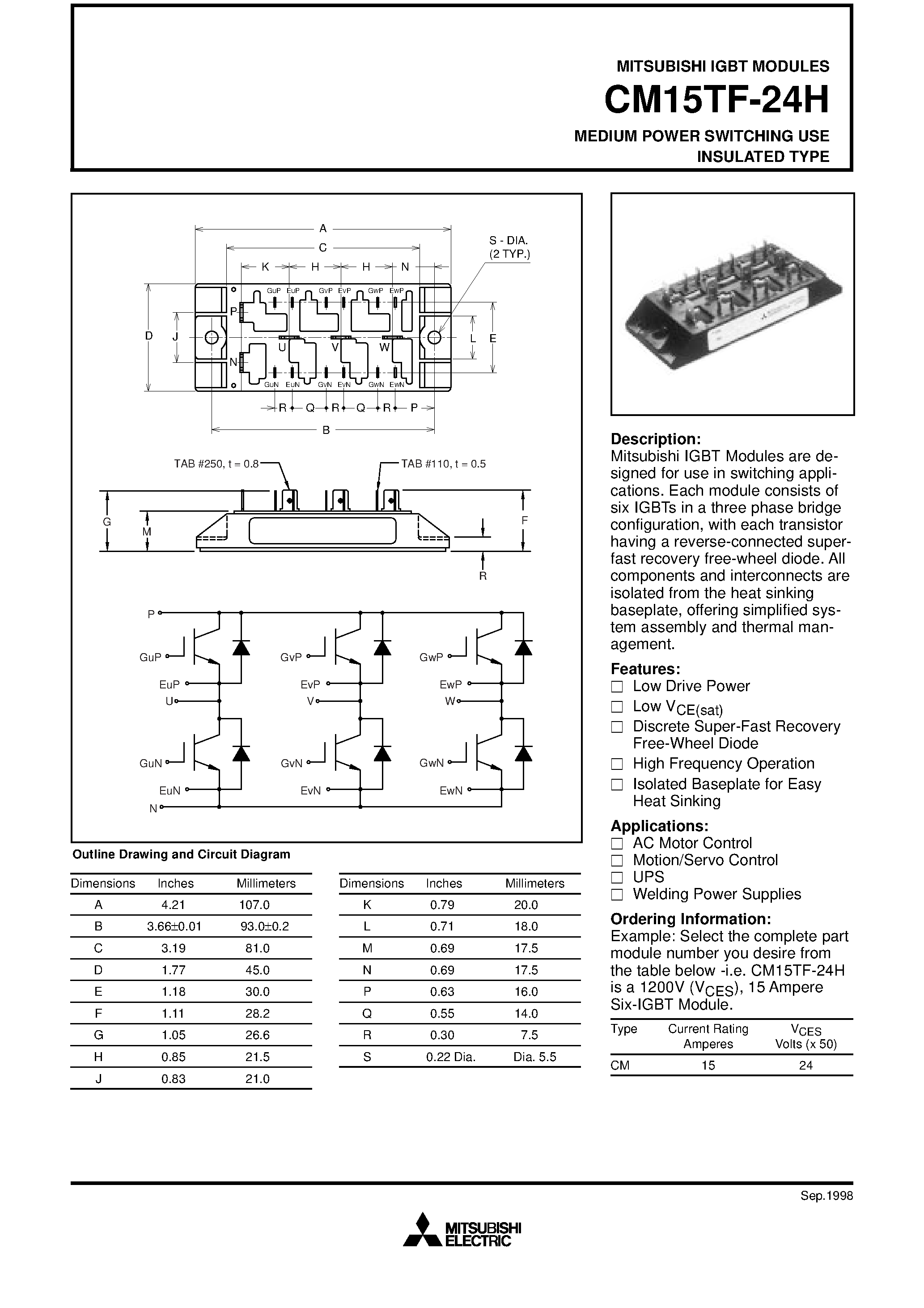 Даташит на микросхему CM15TF-24H страница 1 Даташит CM15TF-24H - MEDIUM POWER SWITCHING USE INSULATED TYPE страница 1