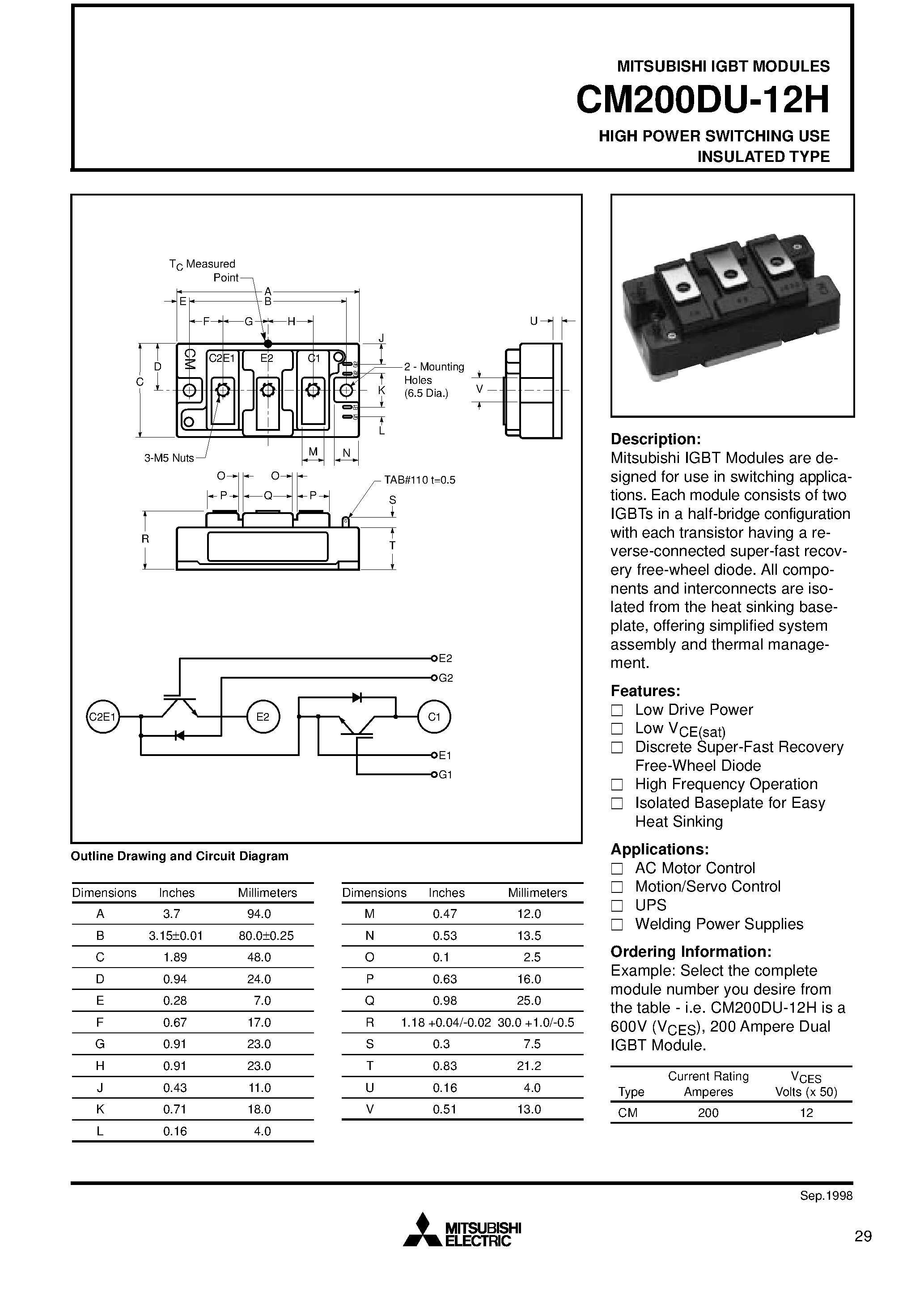 Даташит на микросхему CM200DU-12H страница 1 Даташит CM200DU-12H - HIGH POWER SWITCHING USE INSULATED TYPE страница 1
