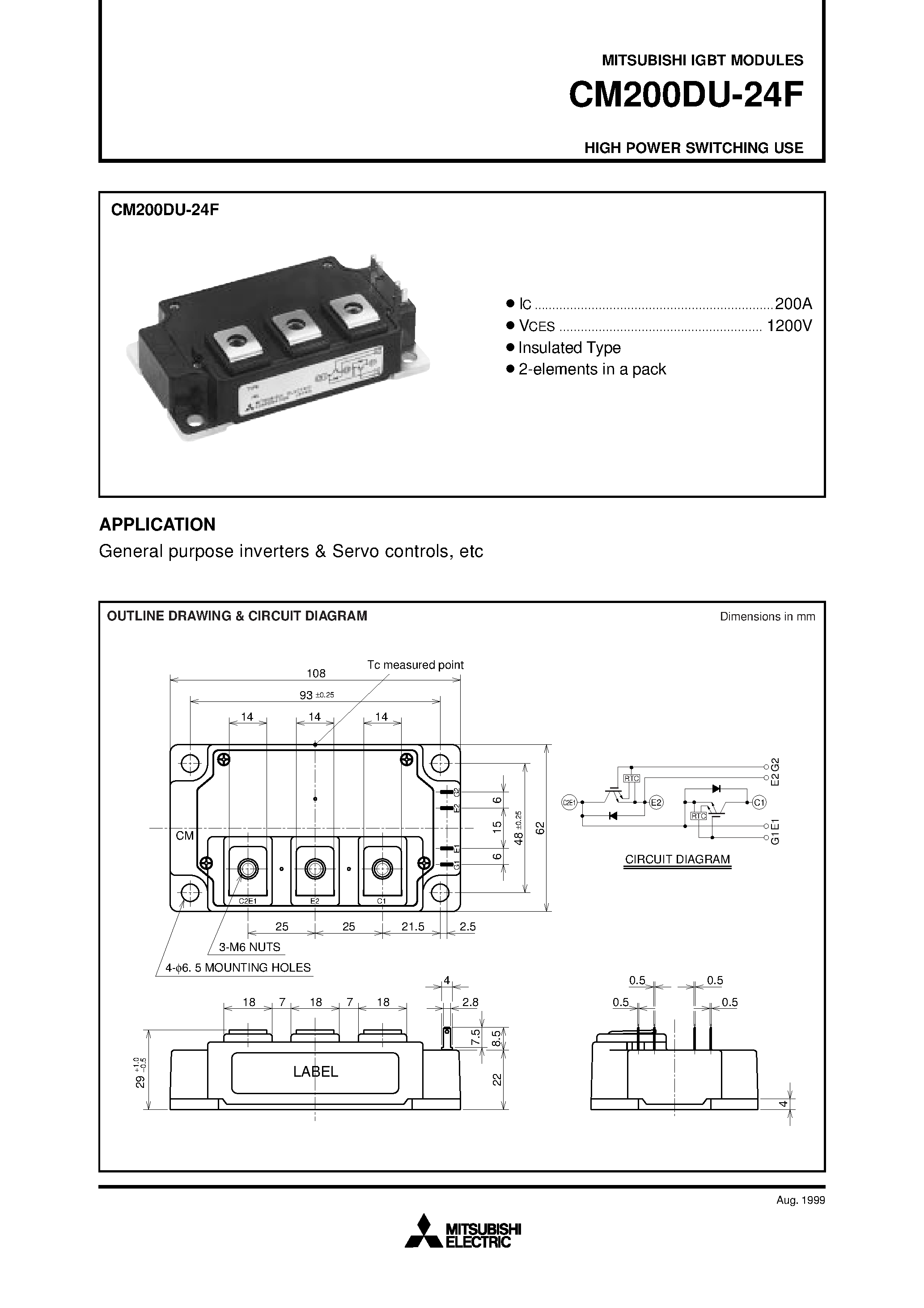 Даташит на микросхему CM200DU-24F страница 1 Даташит CM200DU-24F - HIGH POWER SWITCHING USE страница 1