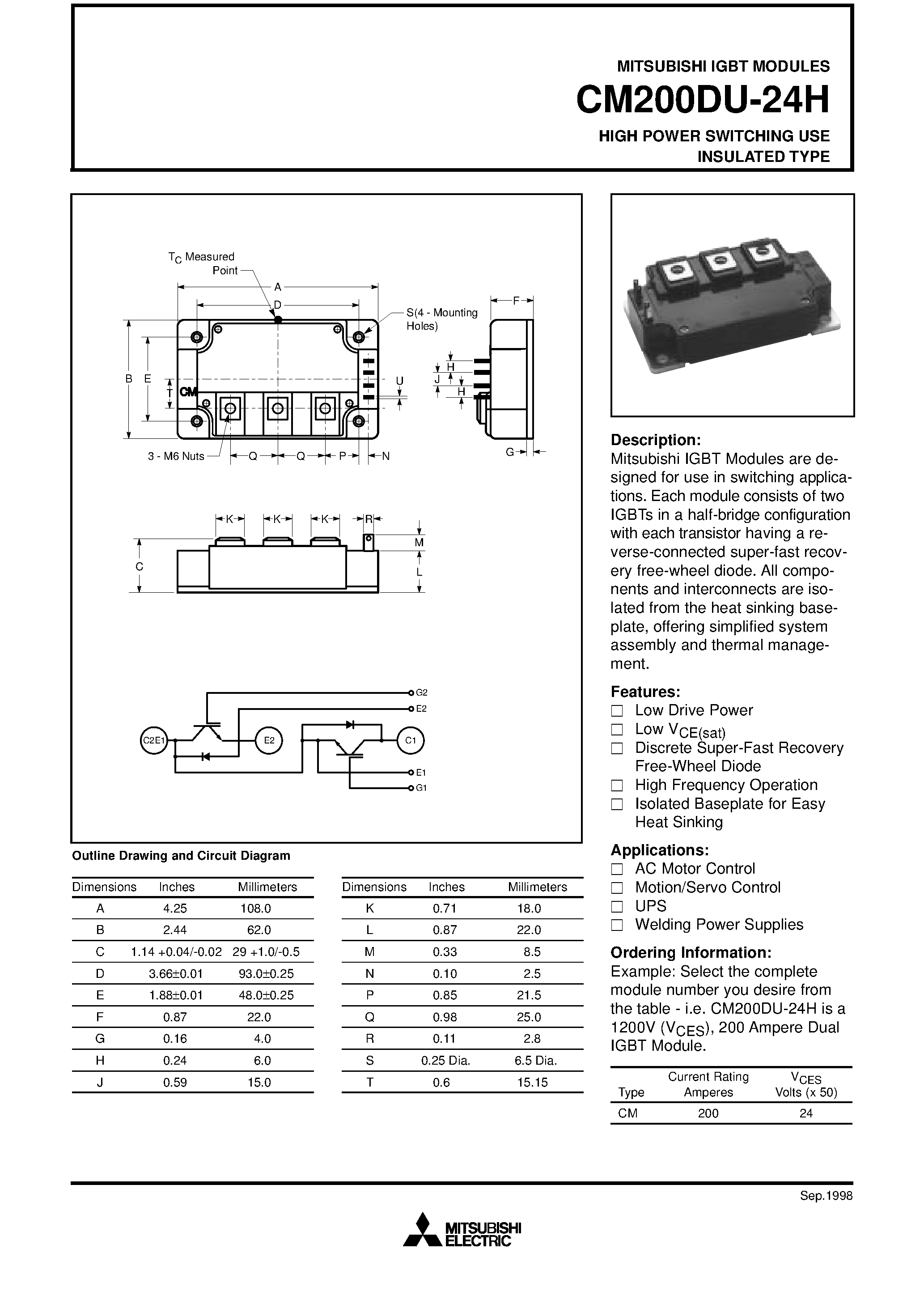 Даташит на микросхему CM200DU-24H страница 1 Даташит CM200DU-24H - HIGH POWER SWITCHING USE INSULATED TYPE страница 1