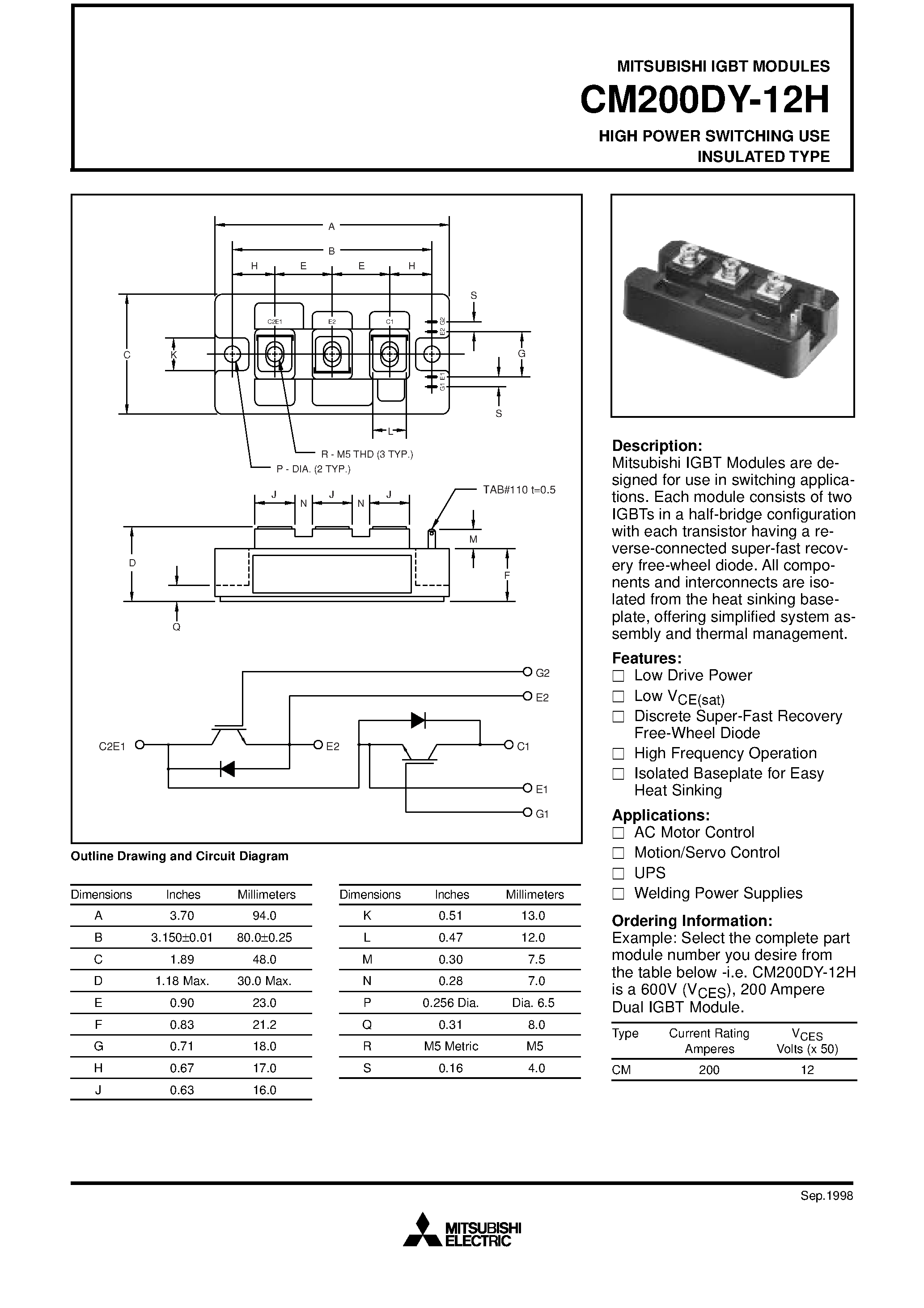 Даташит на микросхему CM200DY-12H страница 1 Даташит CM200DY-12H - HIGH POWER SWITCHING USE INSULATED TYPE страница 1