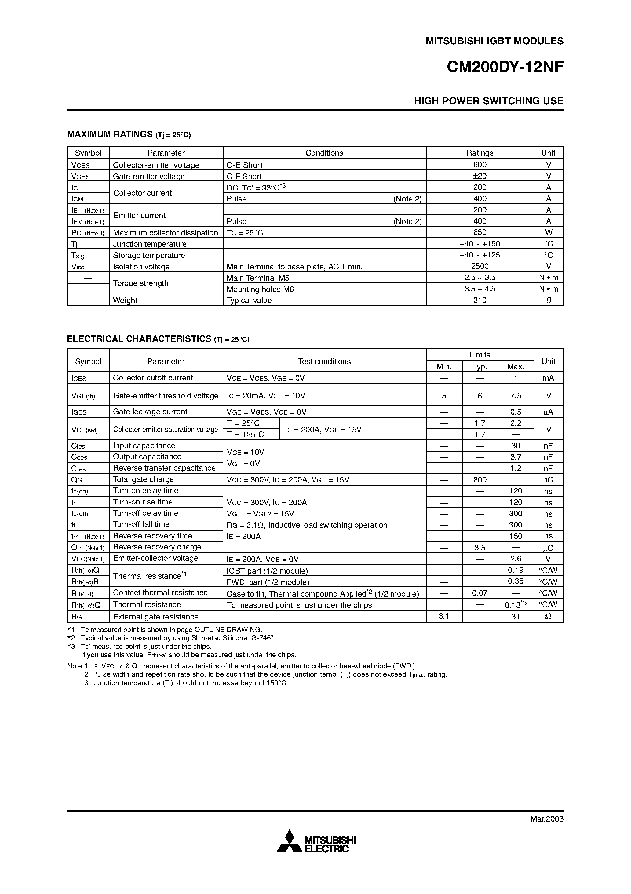 Даташит на микросхему CM200DY-12NF страница 2 Даташит CM200DY-12NF - HIGH POWER SWITCHING USE страница 2