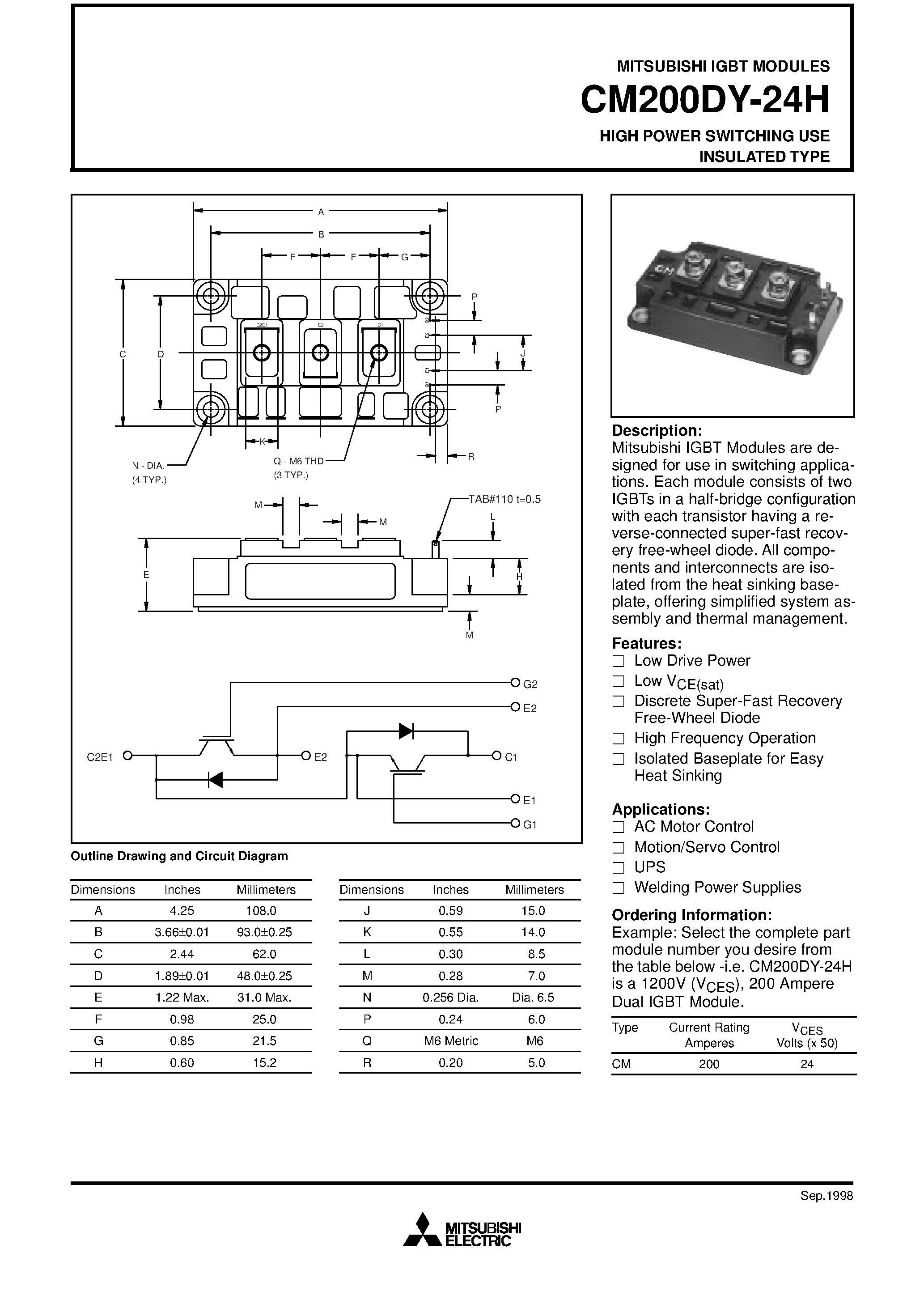 Даташит на микросхему CM200DY-24H страница 1 Даташит CM200DY-24H - HIGH POWER SWITCHING USE INSULATED TYPE страница 1