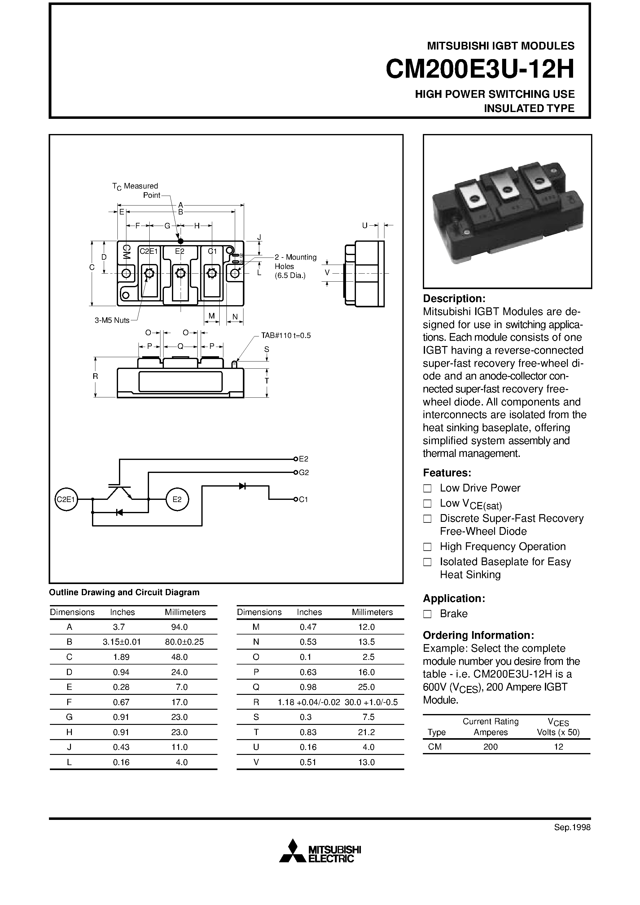 Даташит на микросхему CM200E3U-12H страница 1 Даташит CM200E3U-12H - HIGH POWER SWITCHING USE INSULATED TYPE страница 1