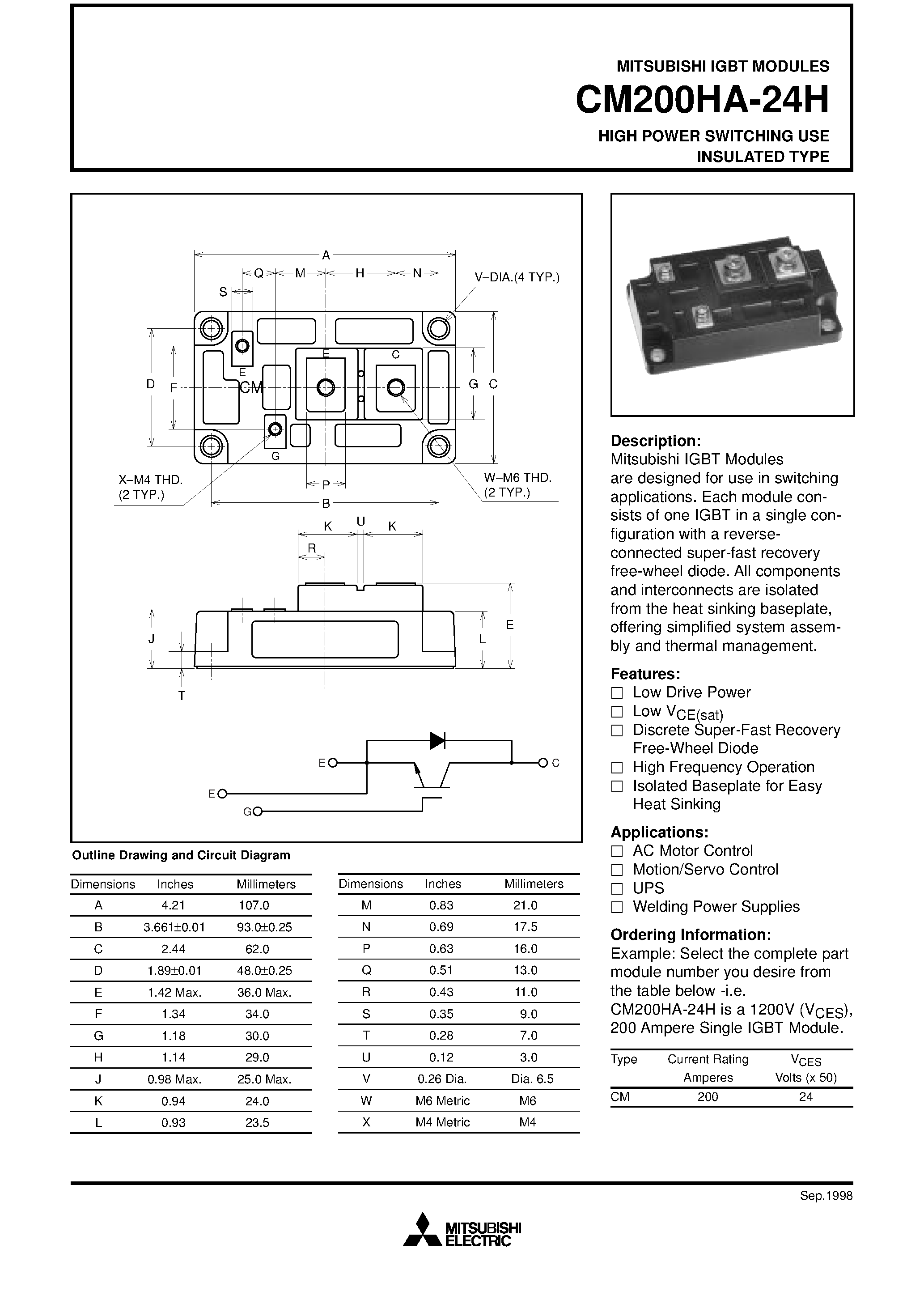 Даташит на микросхему CM200HA-24H страница 1 Даташит CM200HA-24H - HIGH POWER SWITCHING USE INSULATED TYPE страница 1