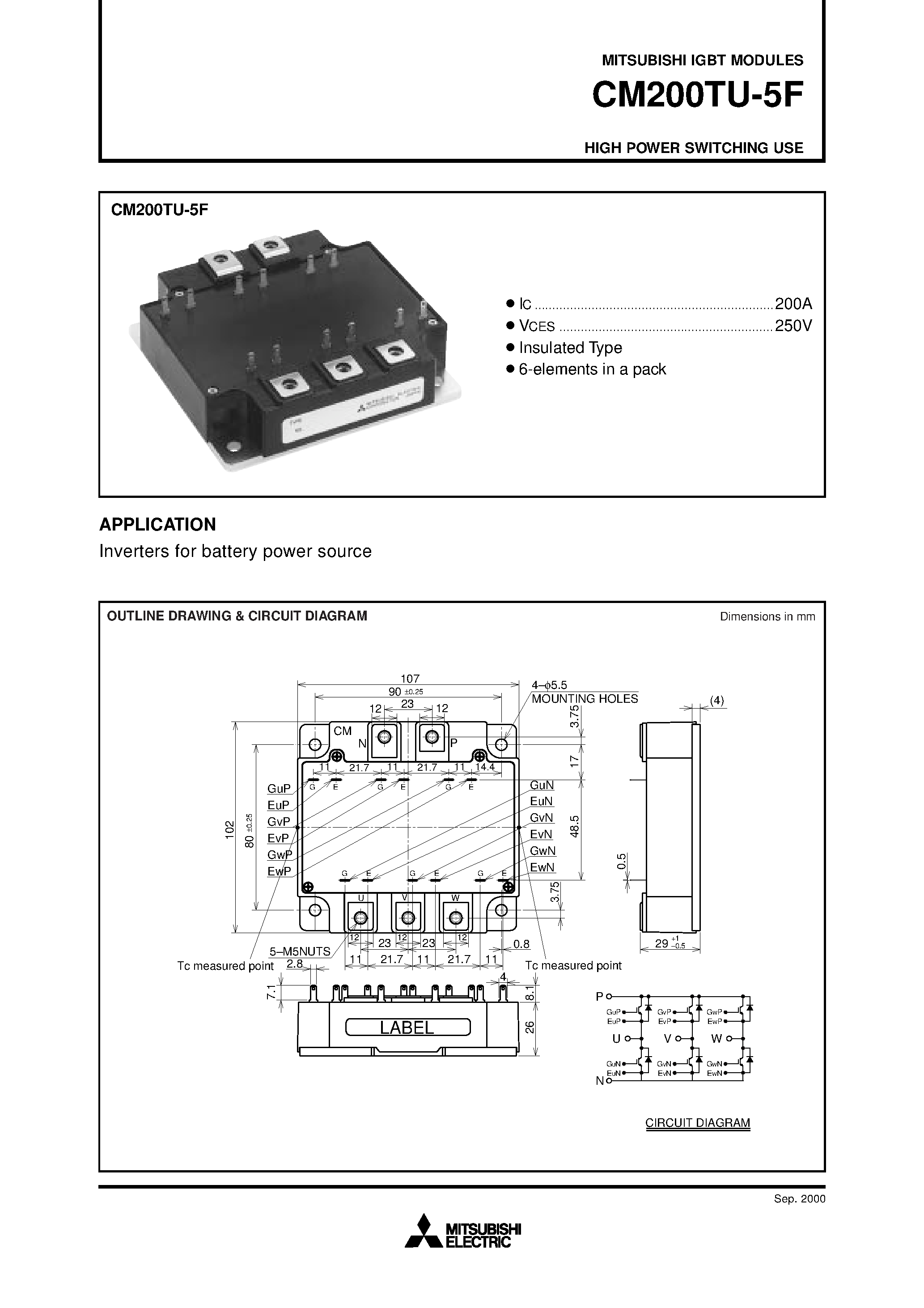 Даташит на микросхему CM200TU-5F страница 1 Даташит CM200TU-5F - HIGH POWER SWITCHING USE страница 1