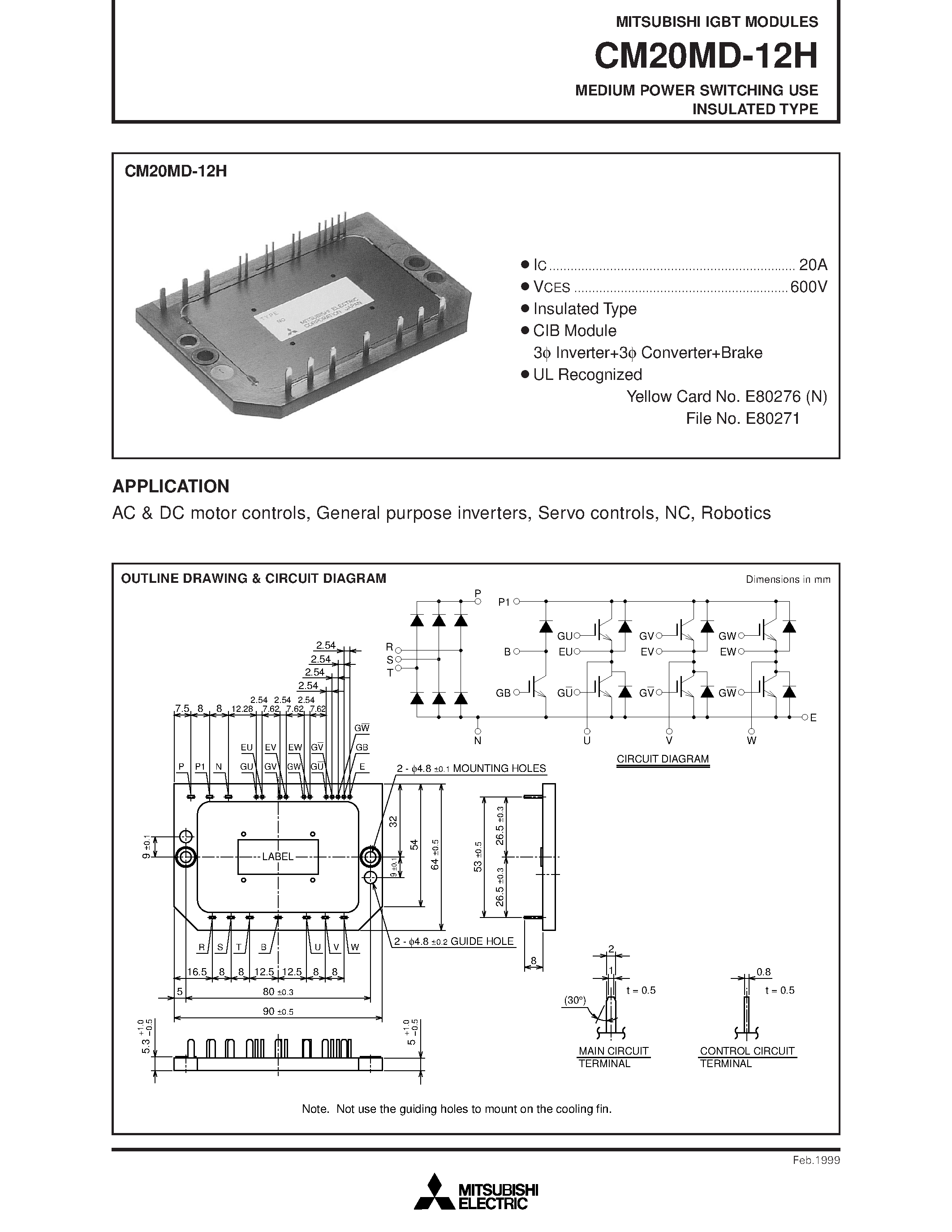 Даташит на микросхему CM20MD-12H страница 1 Даташит CM20MD-12H - MEDIUM POWER SWITCHING USE INSULATED TYPE страница 1