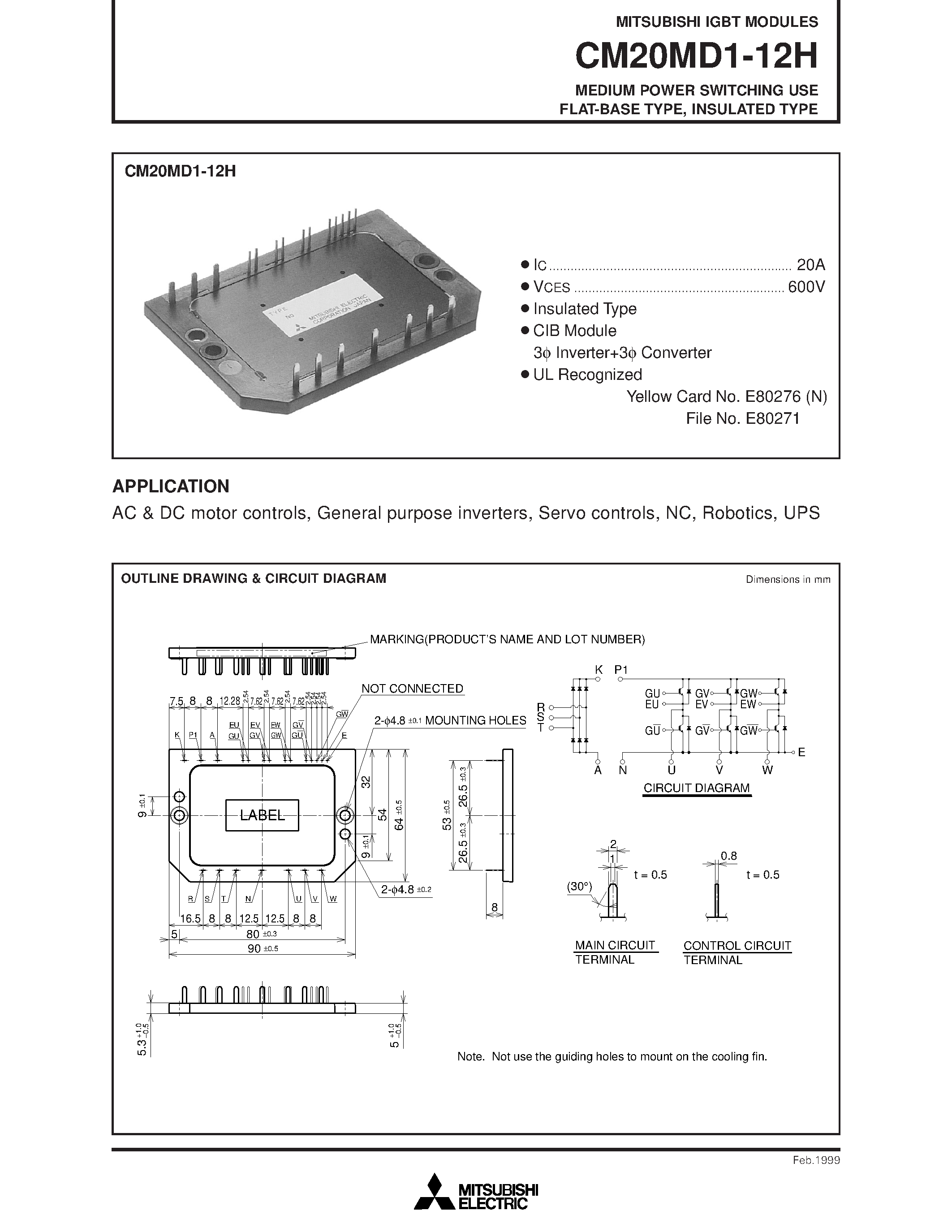 Даташит на микросхему CM20MD1-12H страница 1 Даташит CM20MD1-12H - MEDIUM POWER SWITCHING USE FLAT-BASE TYPE/ INSULATED TYPE страница 1