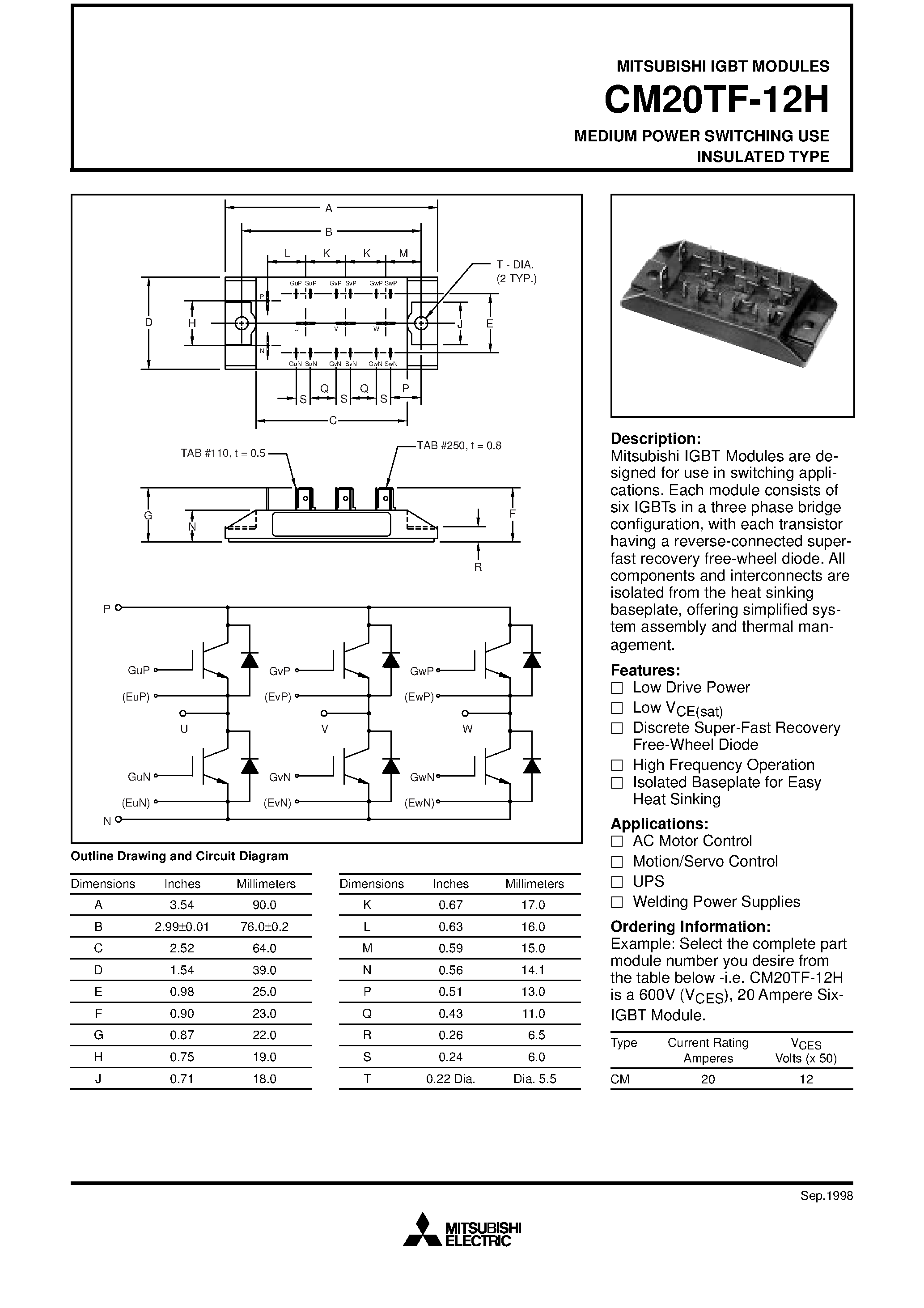 Даташит на микросхему CM20TF-12H страница 1 Даташит CM20TF-12H - MEDIUM POWER SWITCHING USE INSULATED TYPE страница 1