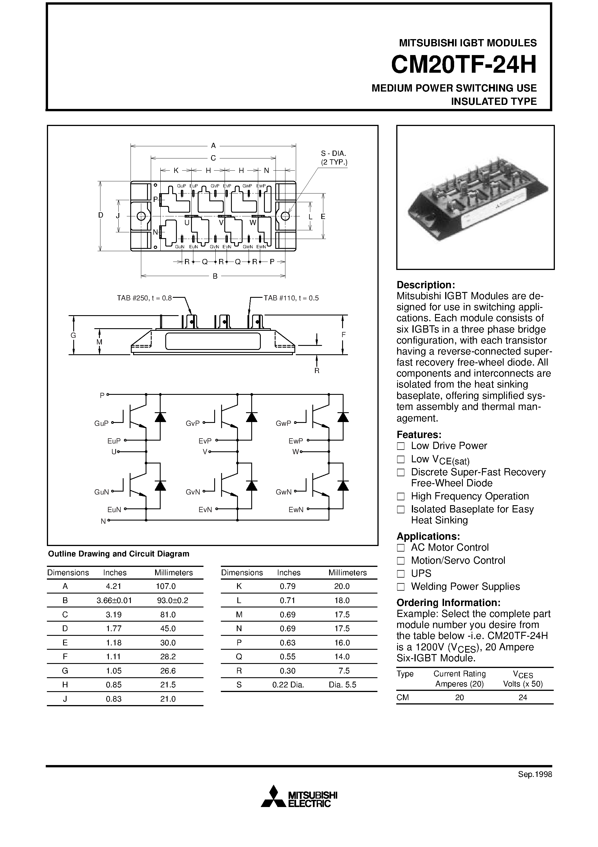 Даташит на микросхему CM20TF-24H страница 1 Даташит CM20TF-24H - MEDIUM POWER SWITCHING USE INSULATED TYPE страница 1