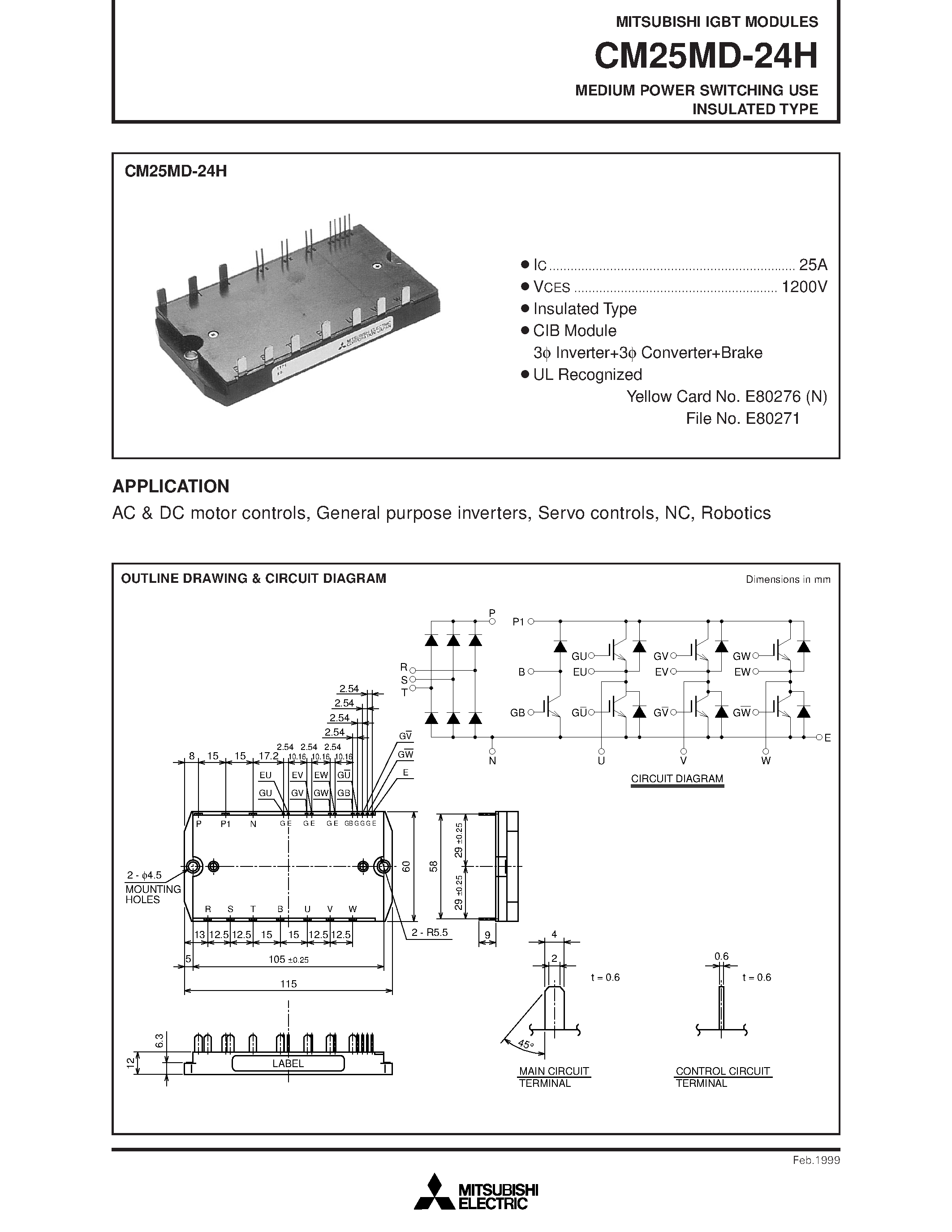 Даташит на микросхему CM25MD-24H страница 1 Даташит CM25MD-24H - MEDIUM POWER SWITCHING USE INSULATED TYPE страница 1