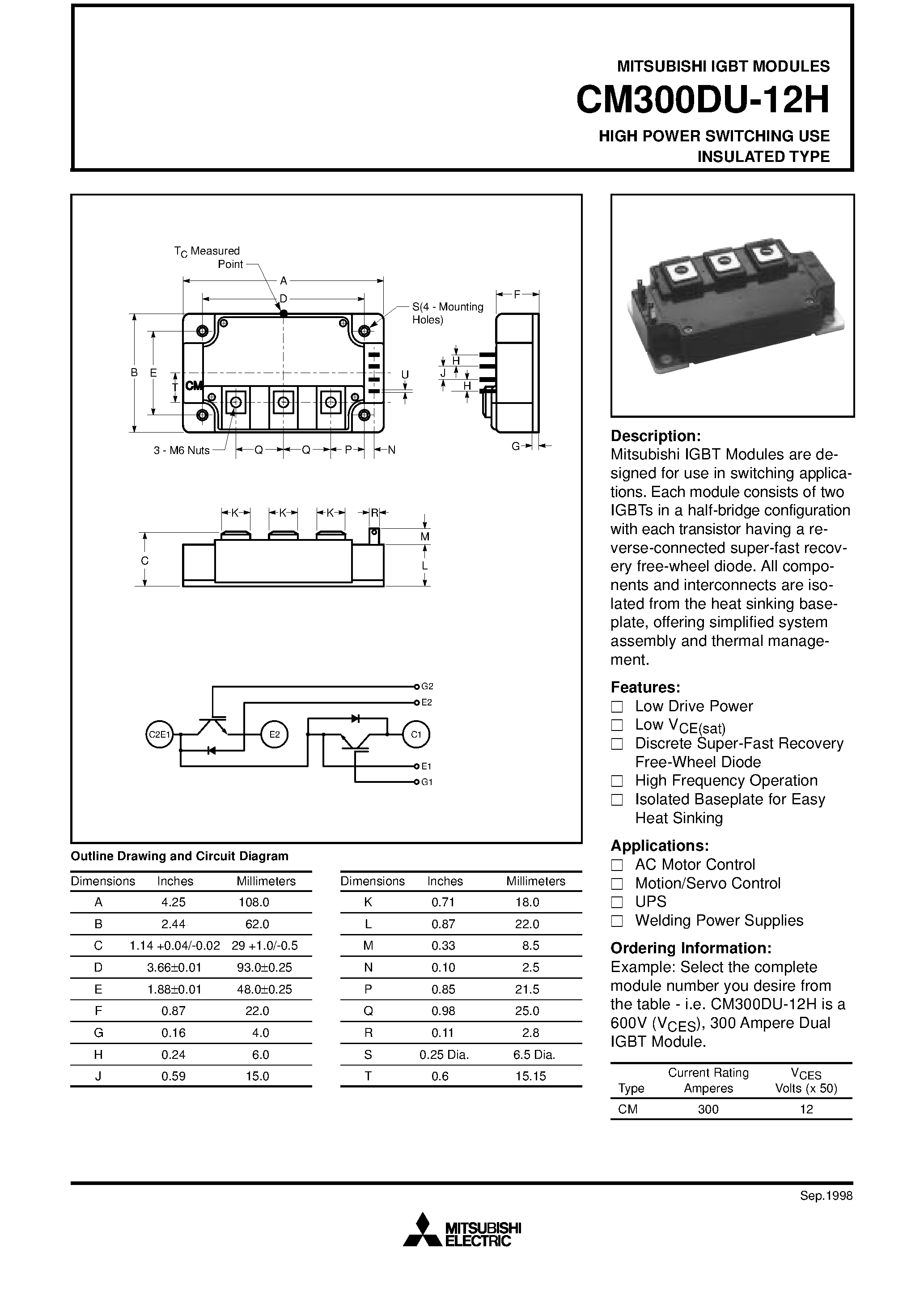 Даташит на микросхему CM300DU-12H страница 1 Даташит CM300DU-12H - HIGH POWER SWITCHING USE INSULATED TYPE страница 1