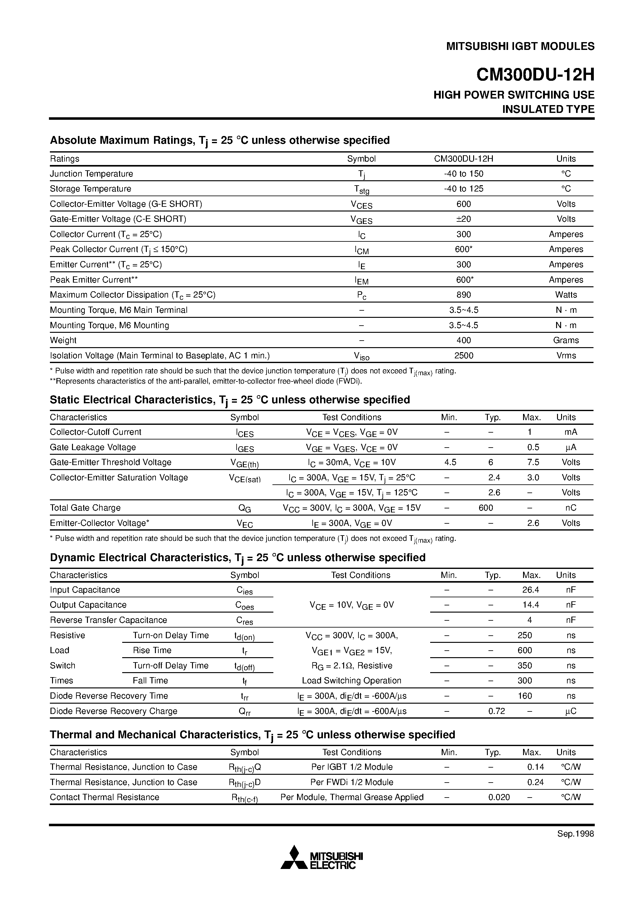 Даташит на микросхему CM300DU-12H страница 2 Даташит CM300DU-12H - HIGH POWER SWITCHING USE INSULATED TYPE страница 2