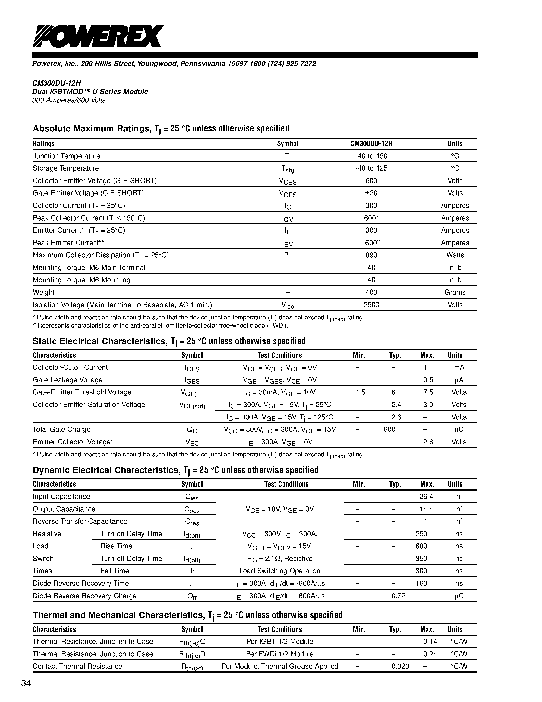 Даташит CM300DU-12H - Dual IGBTMOD U-Series Module 300 Amperes/600 Volts страница 2