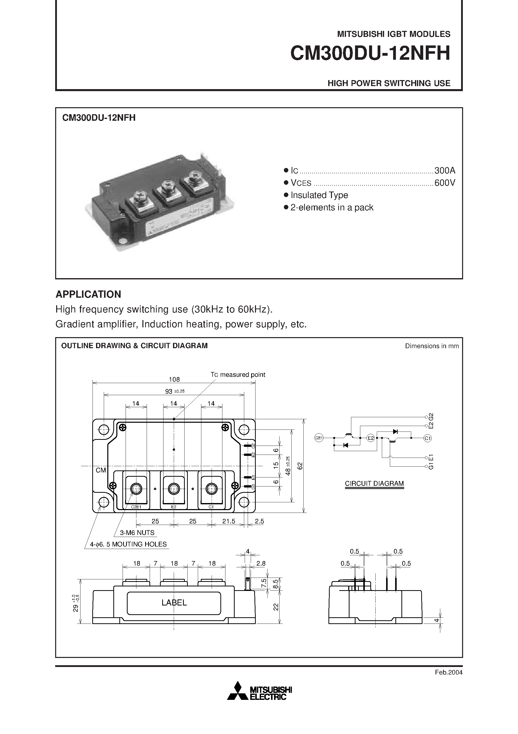 Даташит на микросхему CM300DU-12NFH страница 1 Даташит CM300DU-12NFH - HIGH POWER SWITCHING USE страница 1