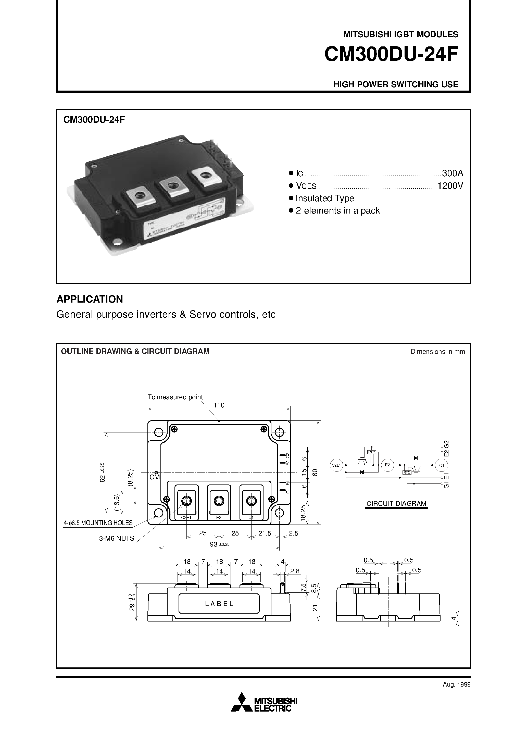 Даташит на микросхему CM300DU-24F страница 1 Даташит CM300DU-24F - HIGH POWER SWITCHING USE страница 1
