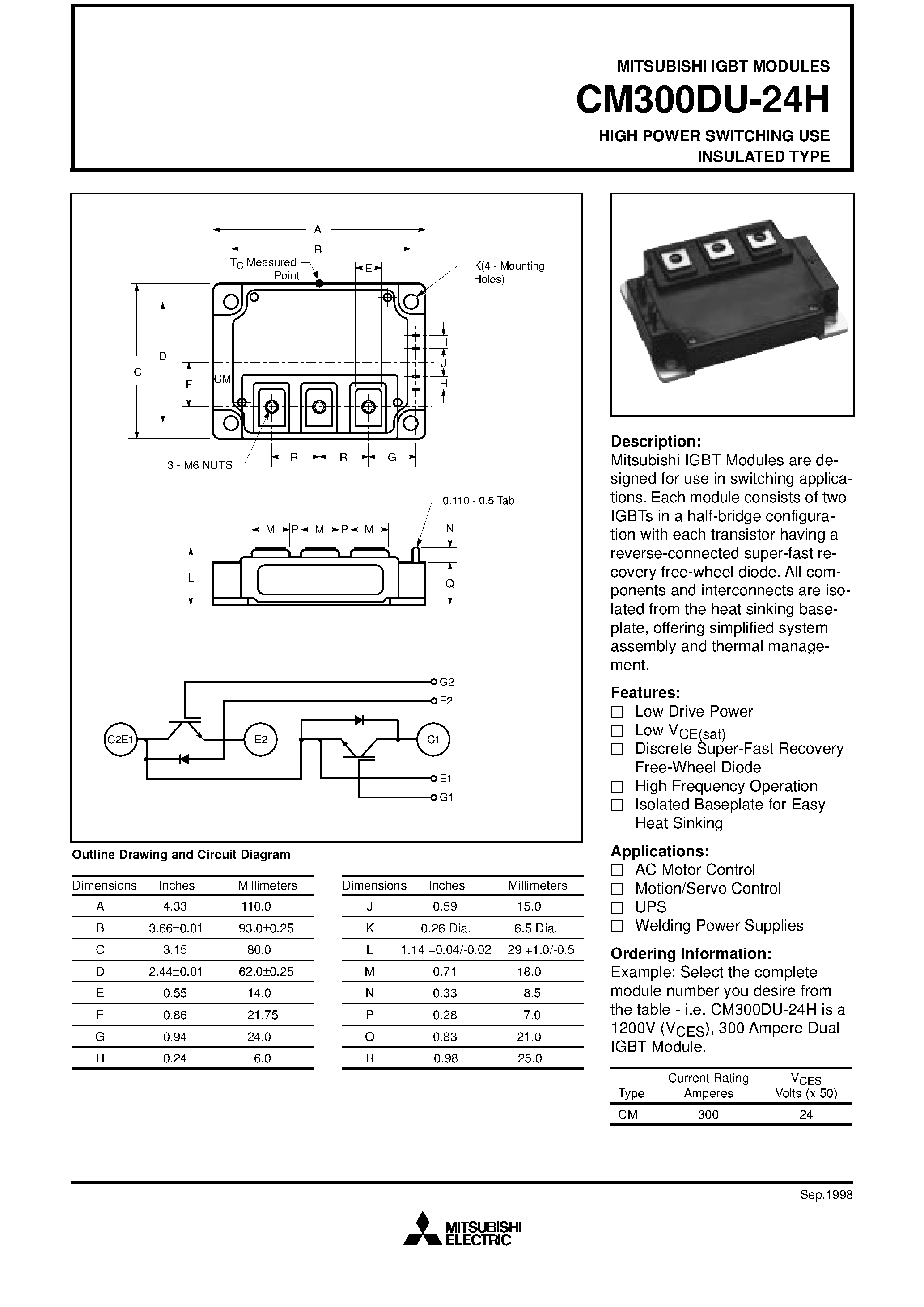 Даташит на микросхему CM300DU-24H страница 1 Даташит CM300DU-24H - HIGH POWER SWITCHING USE INSULATED TYPE страница 1