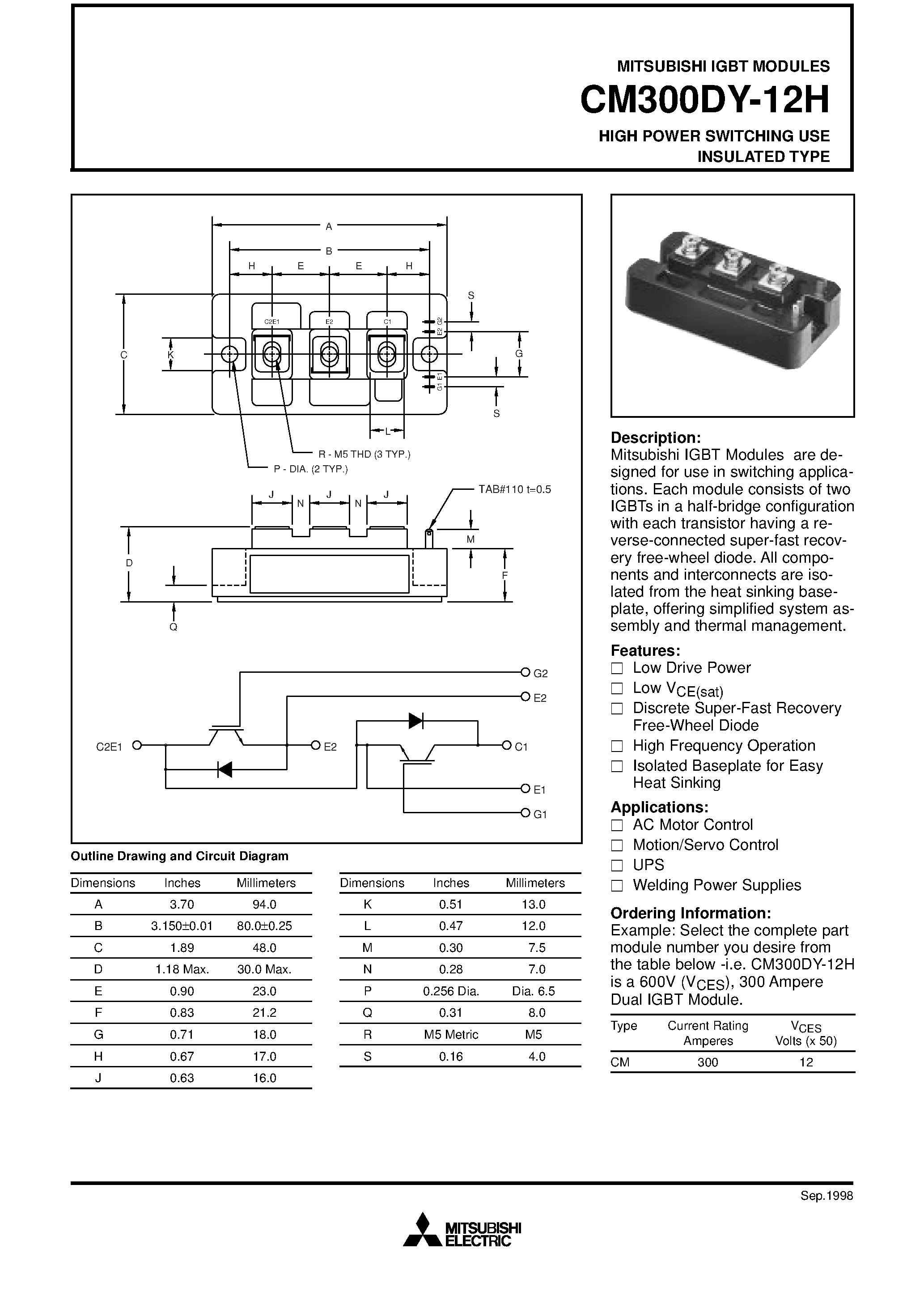 Даташит на микросхему CM300DY-12 страница 1 Даташит CM300DY-12 - HIGH POWER SWITCHING USE INSULATED TYPE страница 1