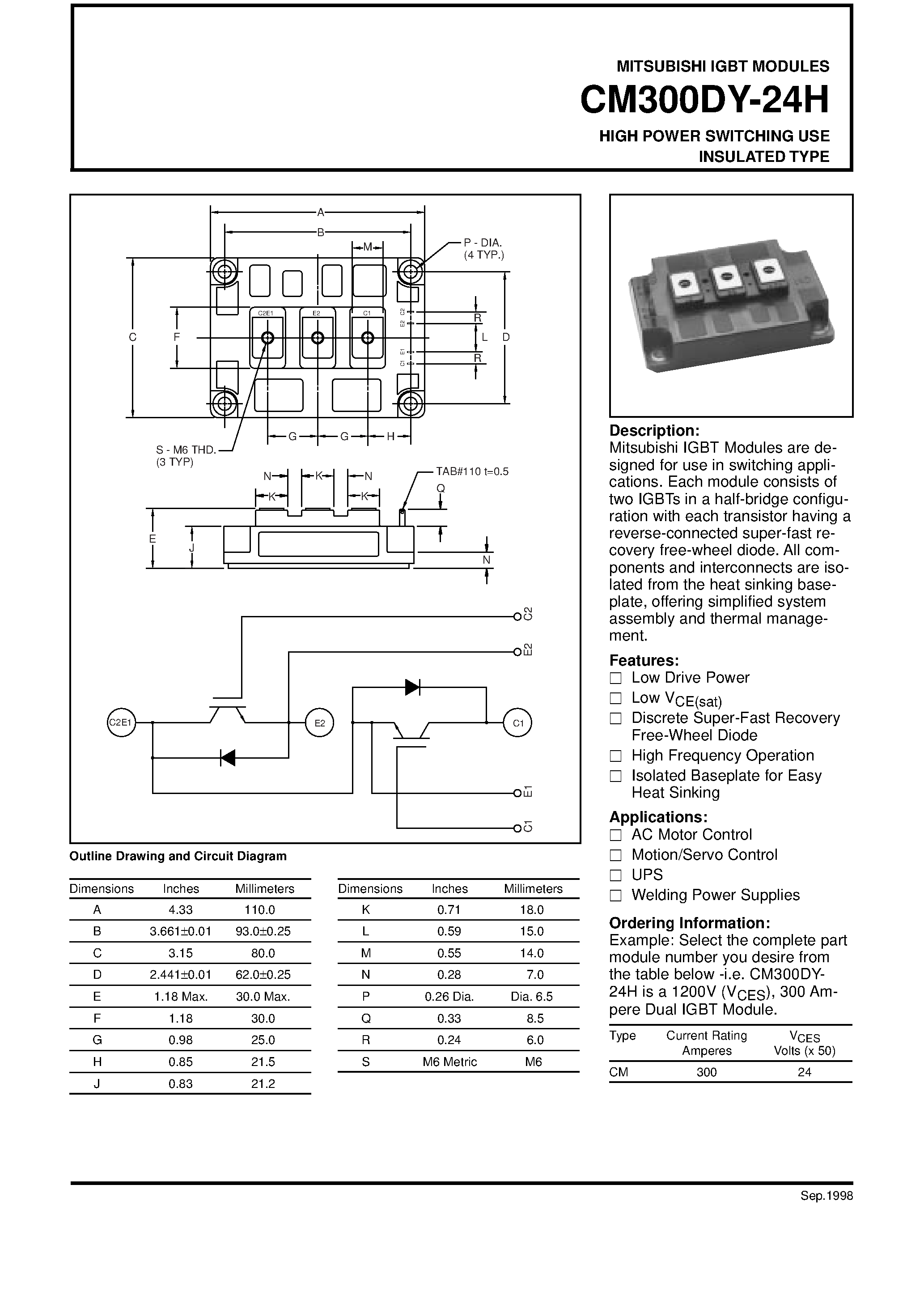 Даташит на микросхему CM300DY-24H страница 1 Даташит CM300DY-24H - HIGH POWER SWITCHING USE INSULATED TYPE страница 1