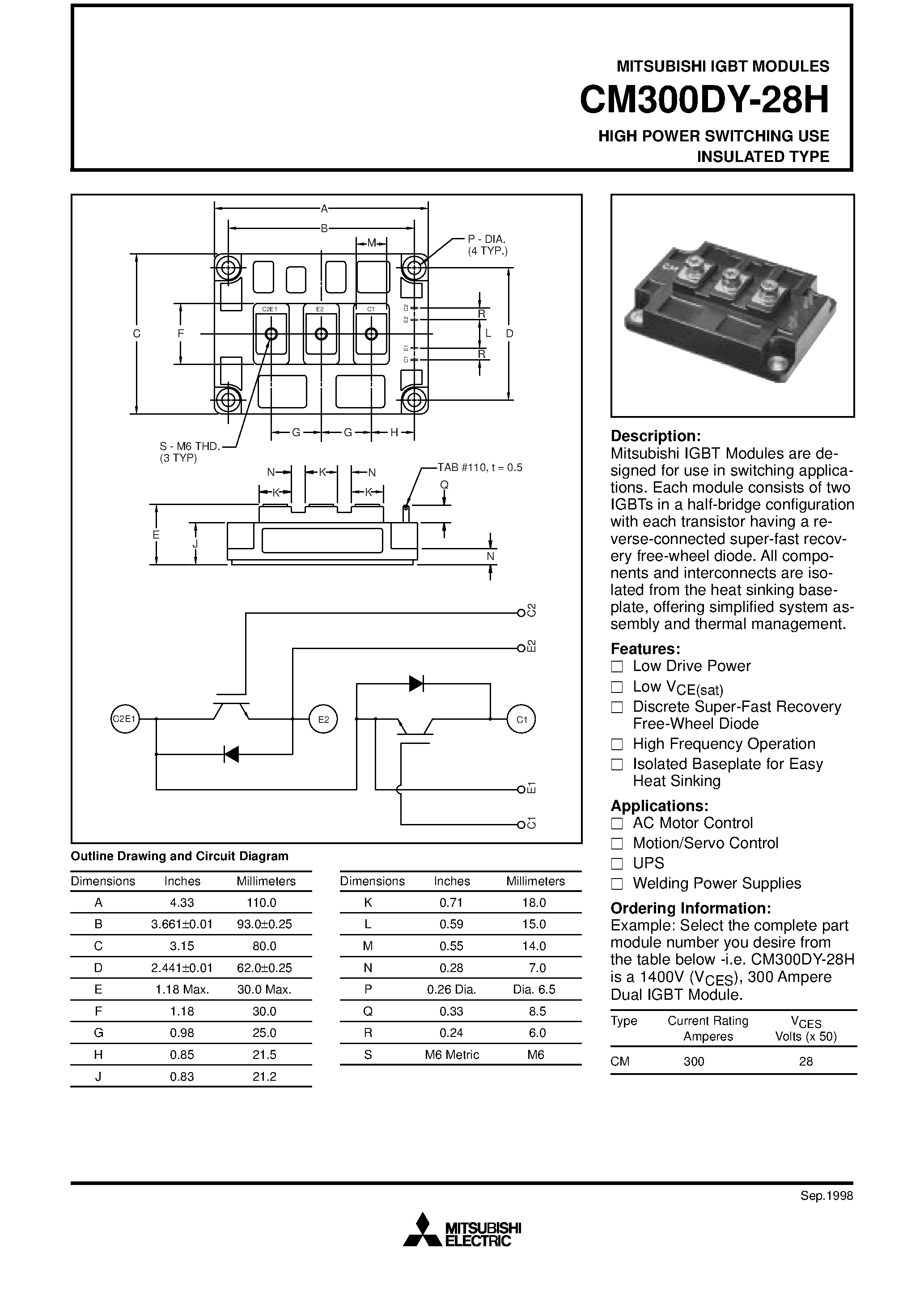 Даташит на микросхему CM300DY-28H страница 1 Даташит CM300DY-28H - HIGH POWER SWITCHING USE INSULATED TYPE страница 1