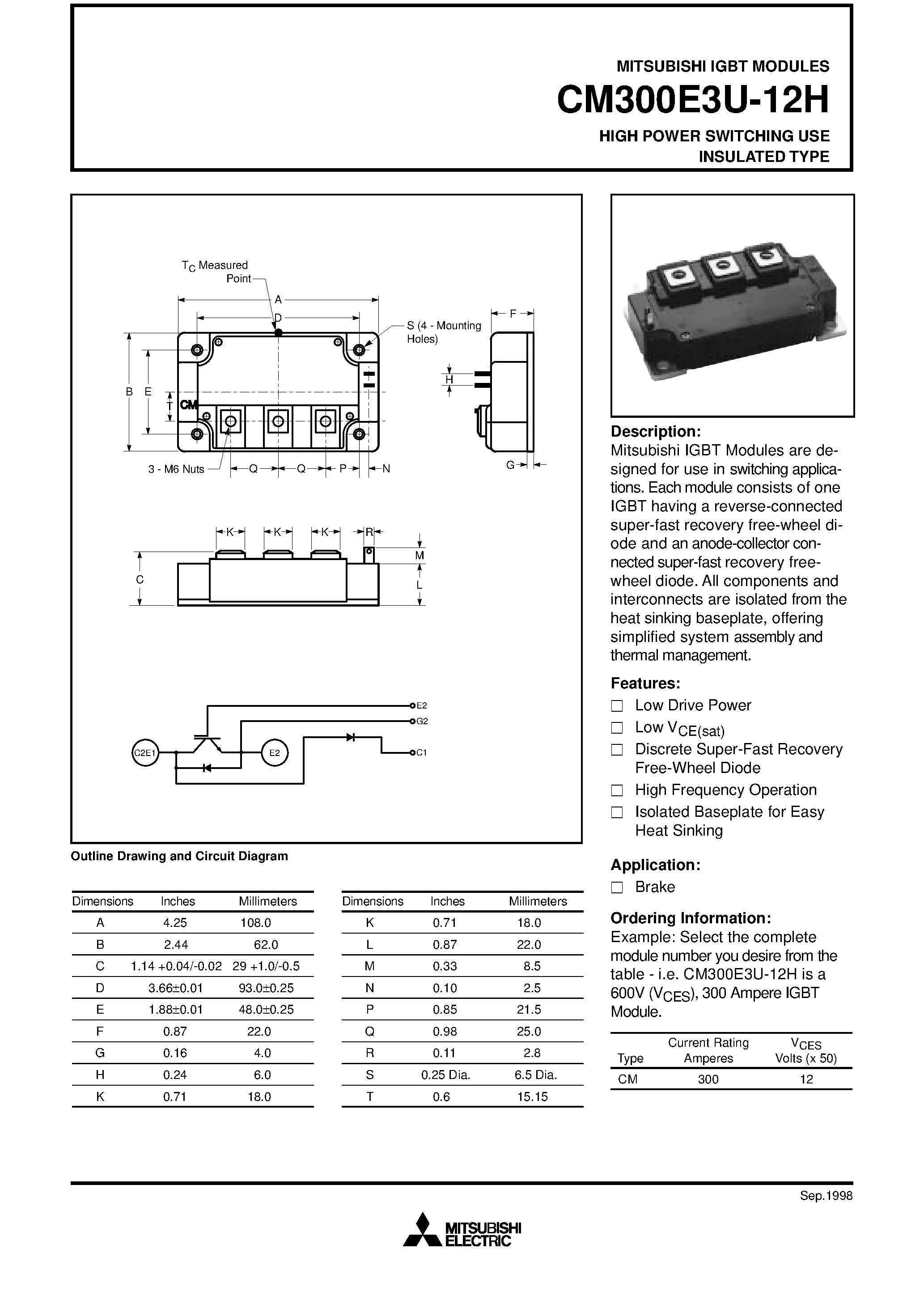 Даташит на микросхему CM300E3U-12H страница 1 Даташит CM300E3U-12H - HIGH POWER SWITCHING USE INSULATED TYPE страница 1