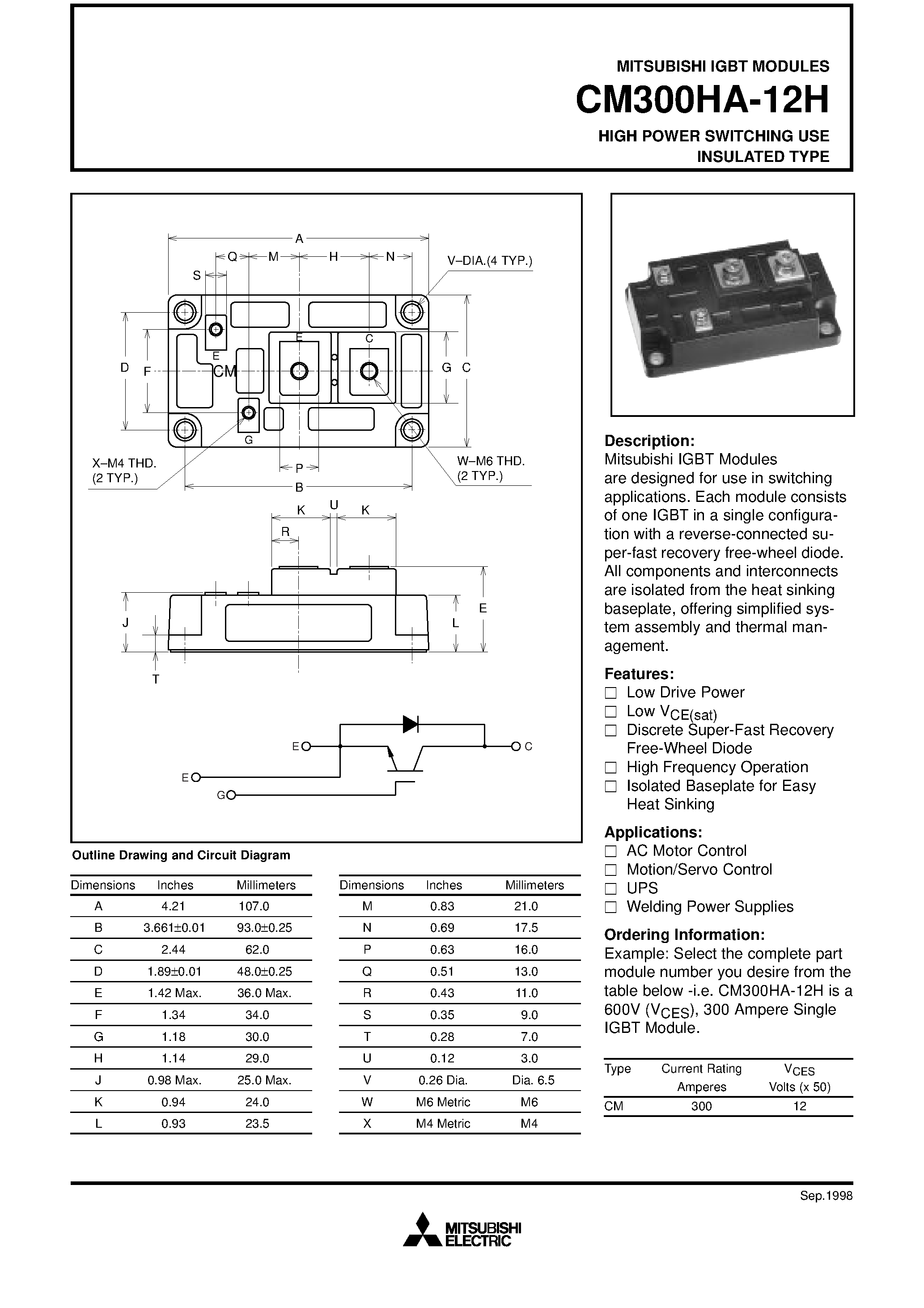 Даташит на микросхему CM300HA-12H страница 1 Даташит CM300HA-12H - HIGH POWER SWITCHING USE INSULATED TYPE страница 1