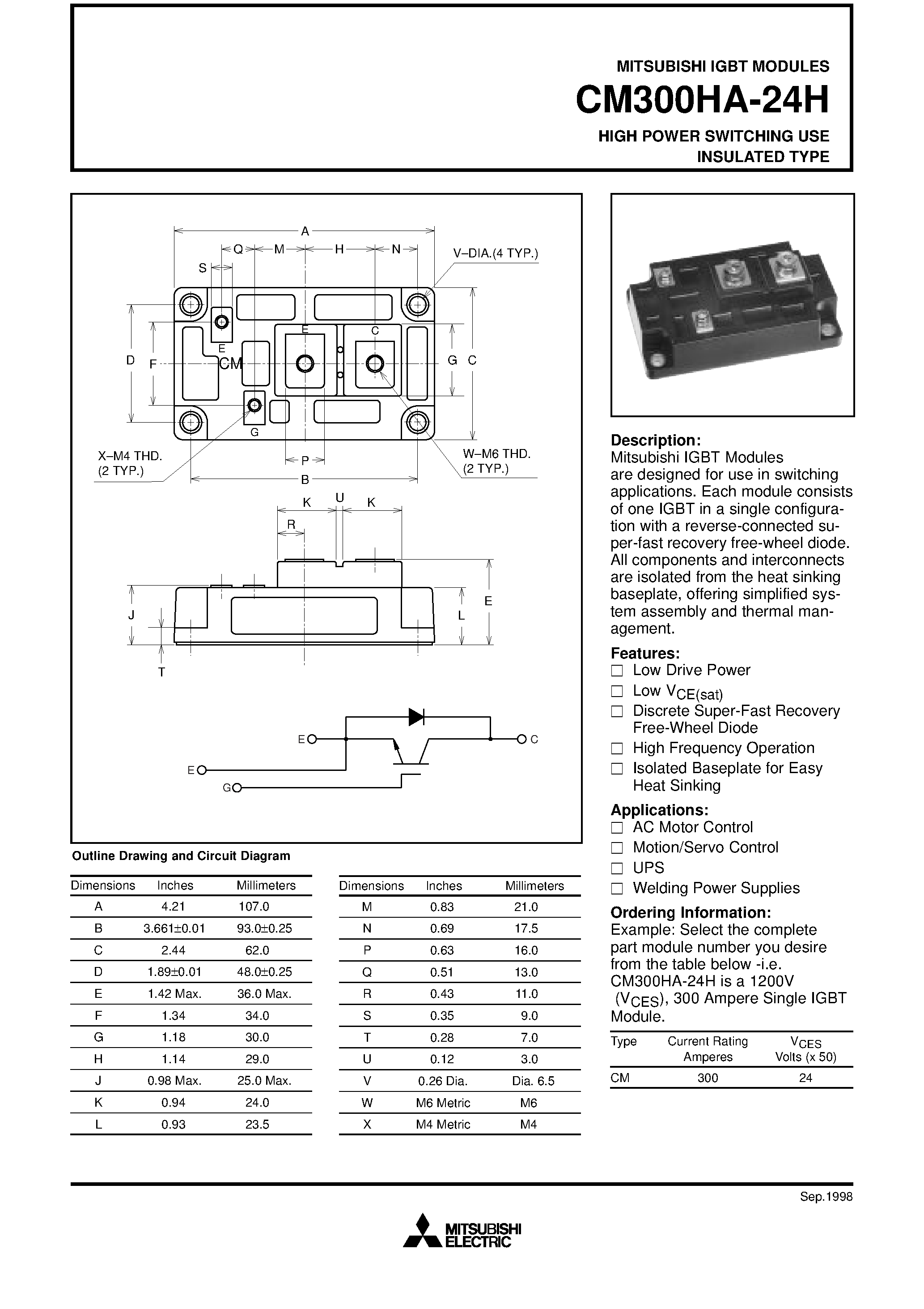 Даташит на микросхему CM300HA-24H страница 1 Даташит CM300HA-24H - HIGH POWER SWITCHING USE INSULATED TYPE страница 1
