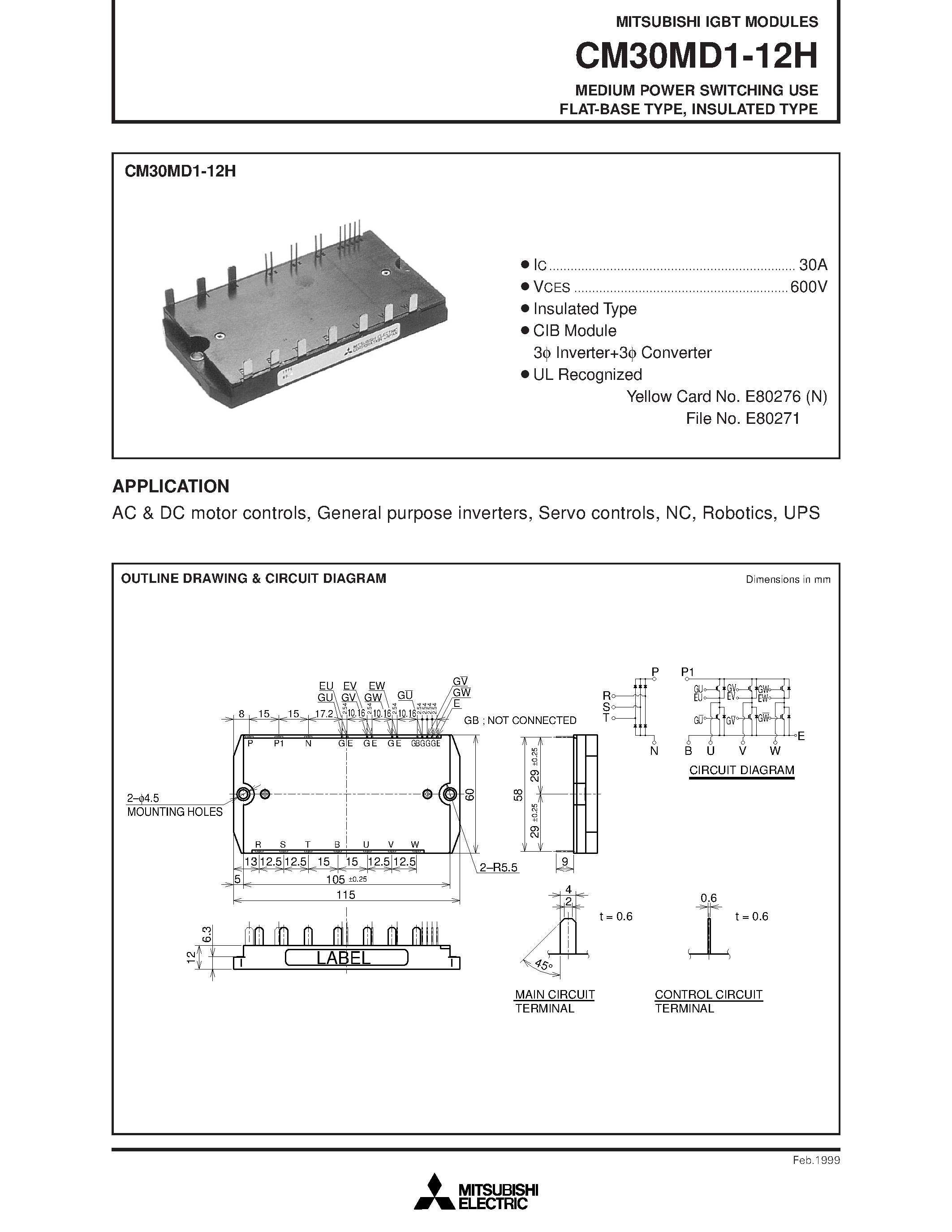 Даташит на микросхему CM30MD1-12H страница 1 Даташит CM30MD1-12H - MEDIUM POWER SWITCHING USE FLAT-BASE TYPE/ INSULATED TYPE страница 1