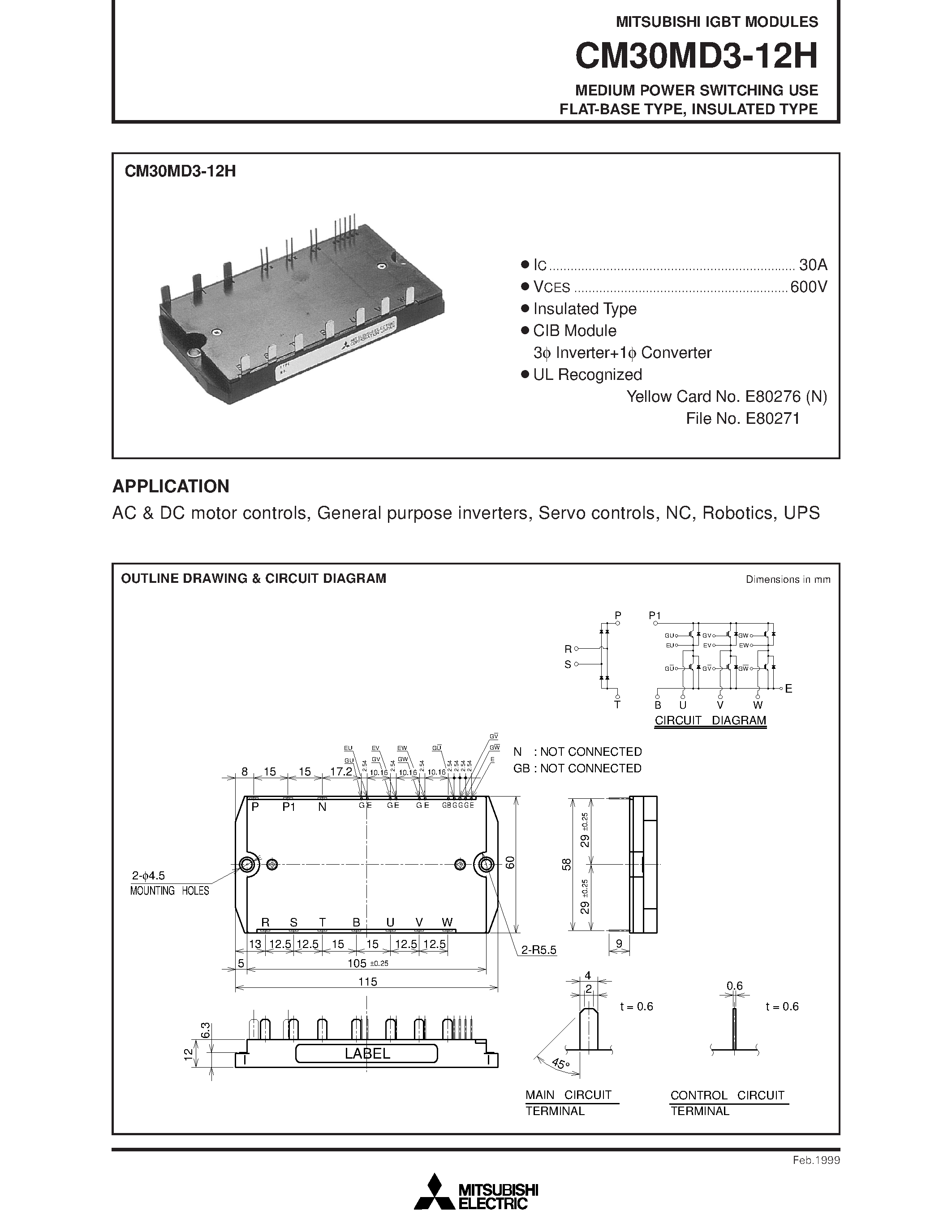 Даташит на микросхему CM30MD3-12H страница 1 Даташит CM30MD3-12H - MEDIUM POWER SWITCHING USE FLAT-BASE TYPE/ INSULATED TYPE страница 1