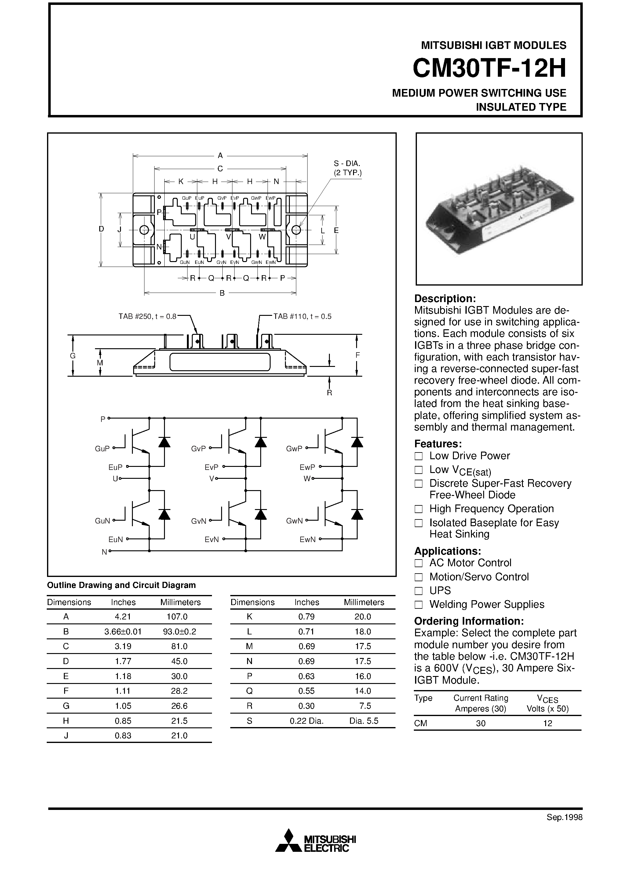 Даташит на микросхему CM30TF-12H страница 1 Даташит CM30TF-12H - MEDIUM POWER SWITCHING USE INSULATED TYPE страница 1