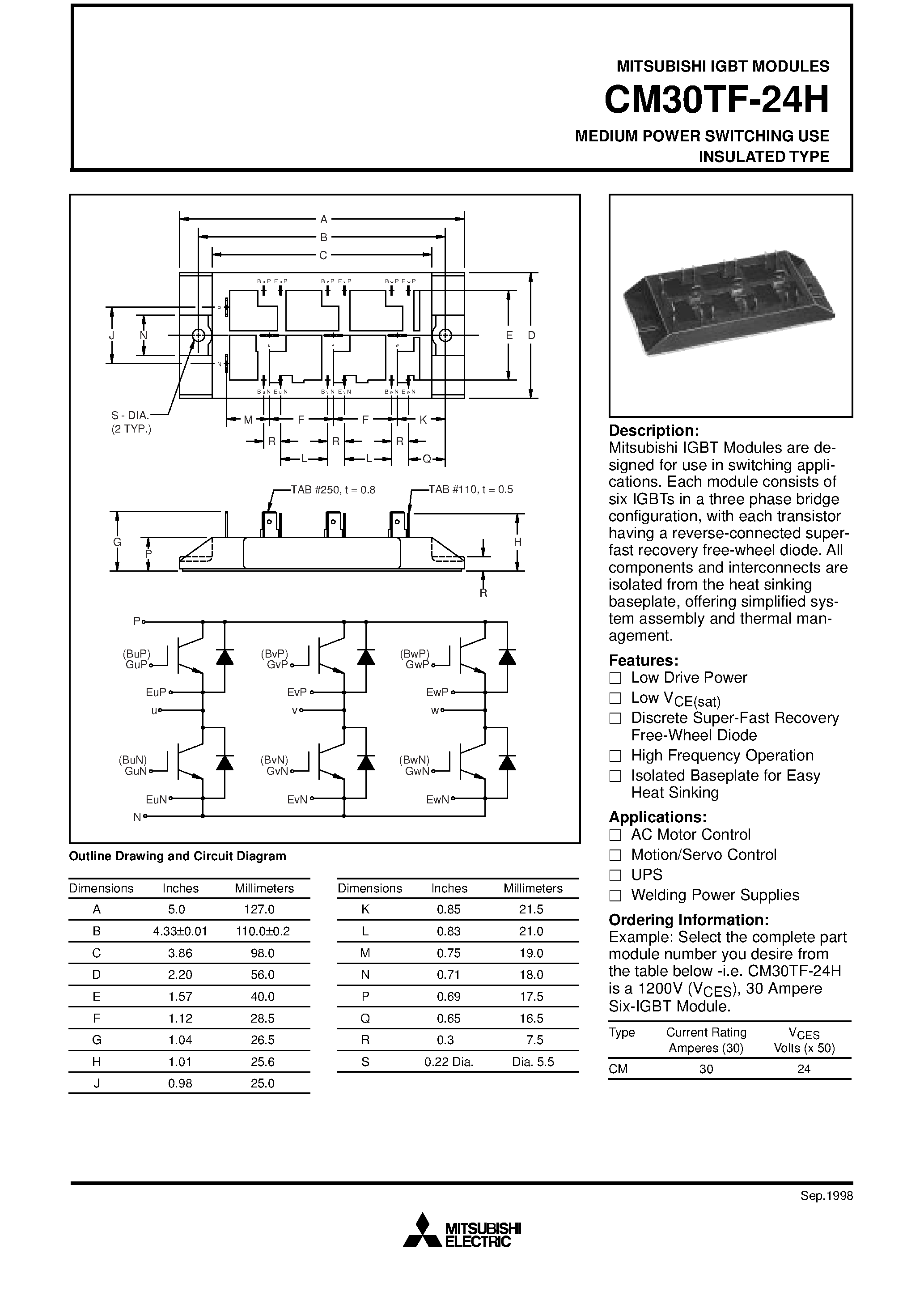 Даташит на микросхему CM30TF-24H страница 1 Даташит CM30TF-24H - MEDIUM POWER SWITCHING USE INSULATED TYPE страница 1