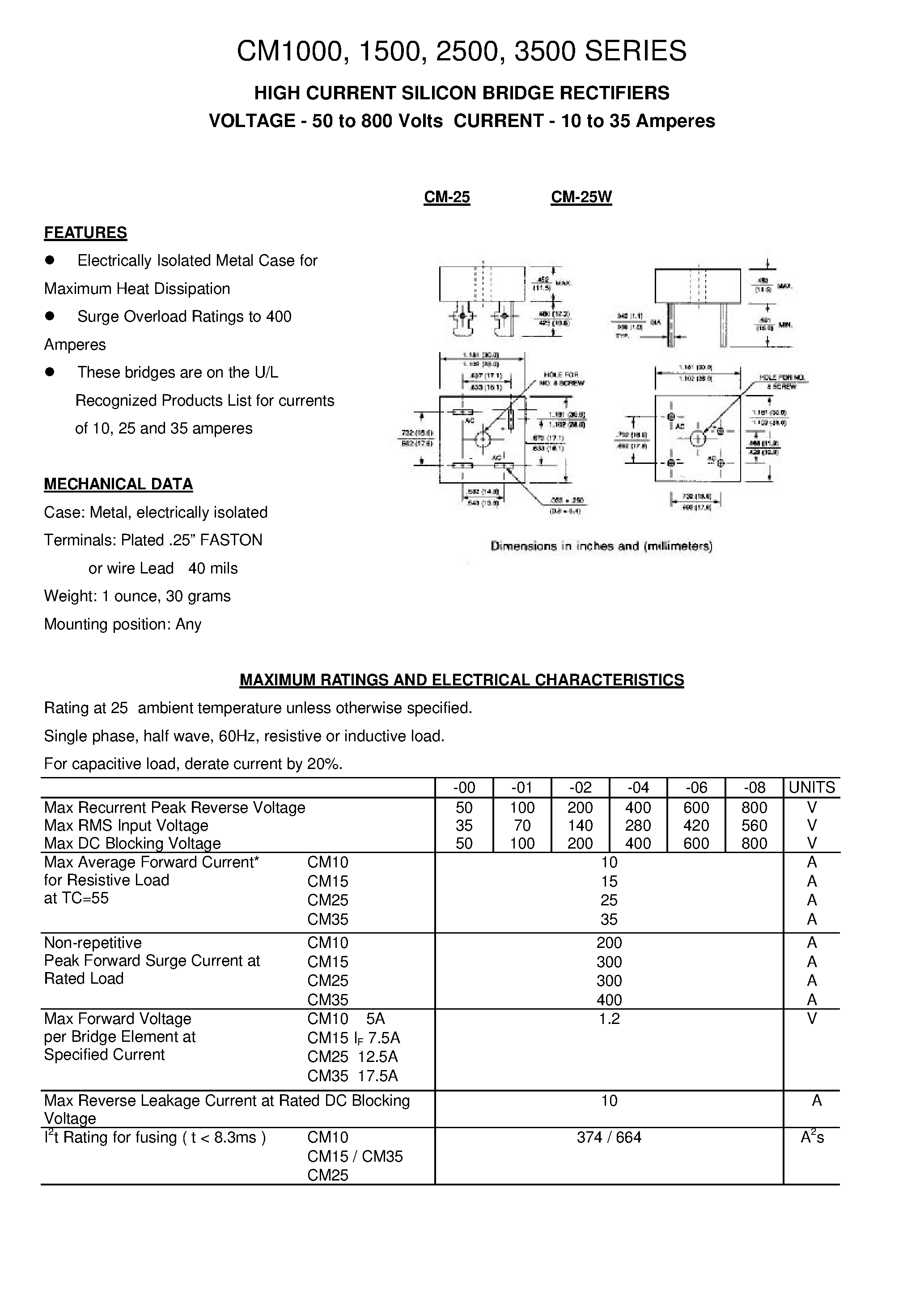 Datasheet CM3506 - HIGH CURRENT SILICON BRIDGE RECTIFIERS page 1