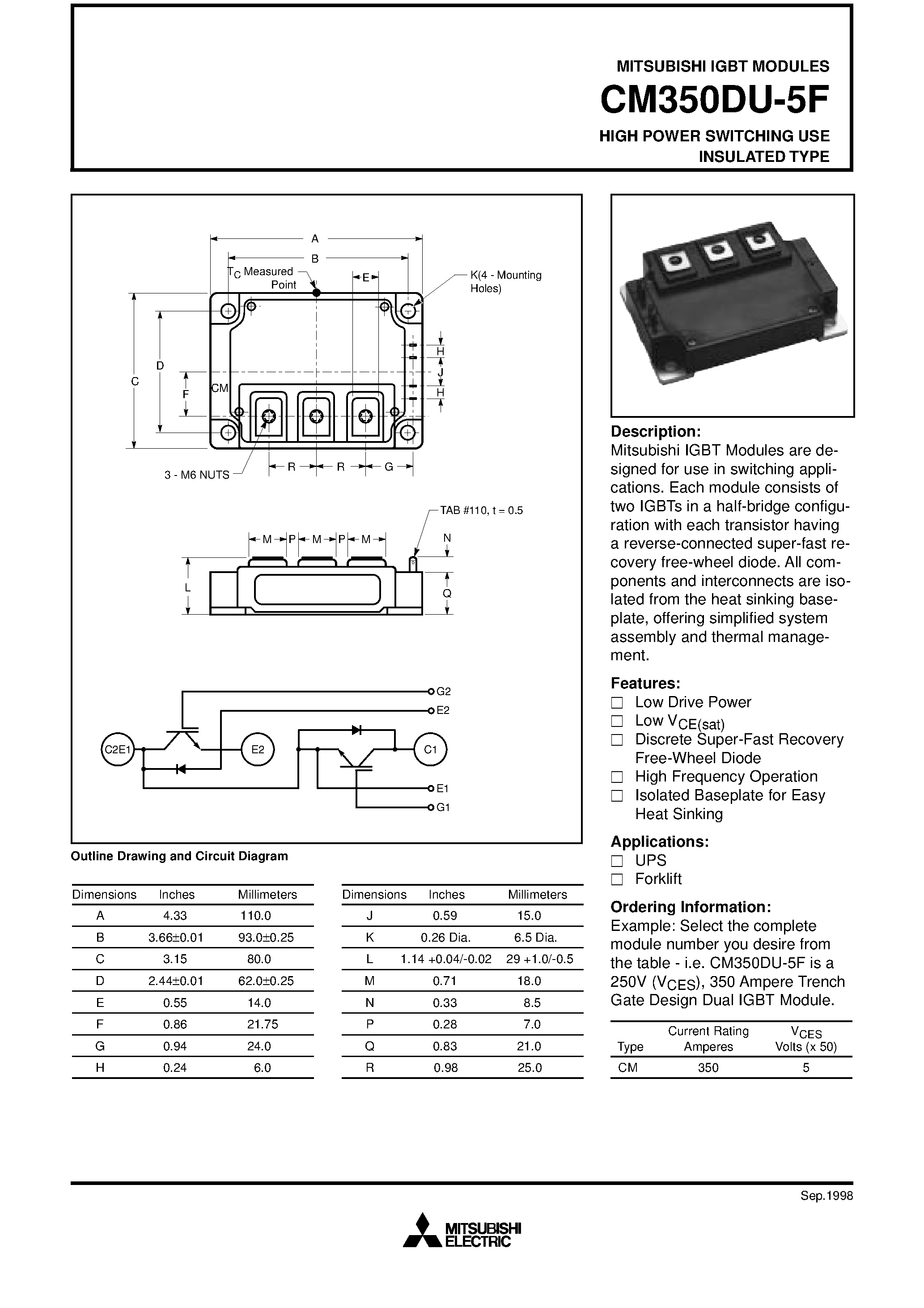 Даташит на микросхему CM350DU-5F страница 1 Даташит CM350DU-5F - HIGH POWER SWITCHING USE INSULATED TYPE страница 1