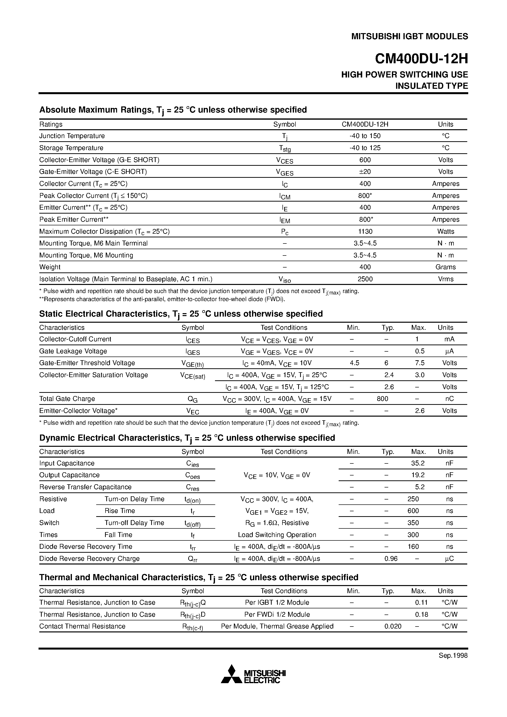 Даташит на микросхему CM400DU-12H страница 2 Даташит CM400DU-12H - HIGH POWER SWITCHING USE INSULATED TYPE страница 2