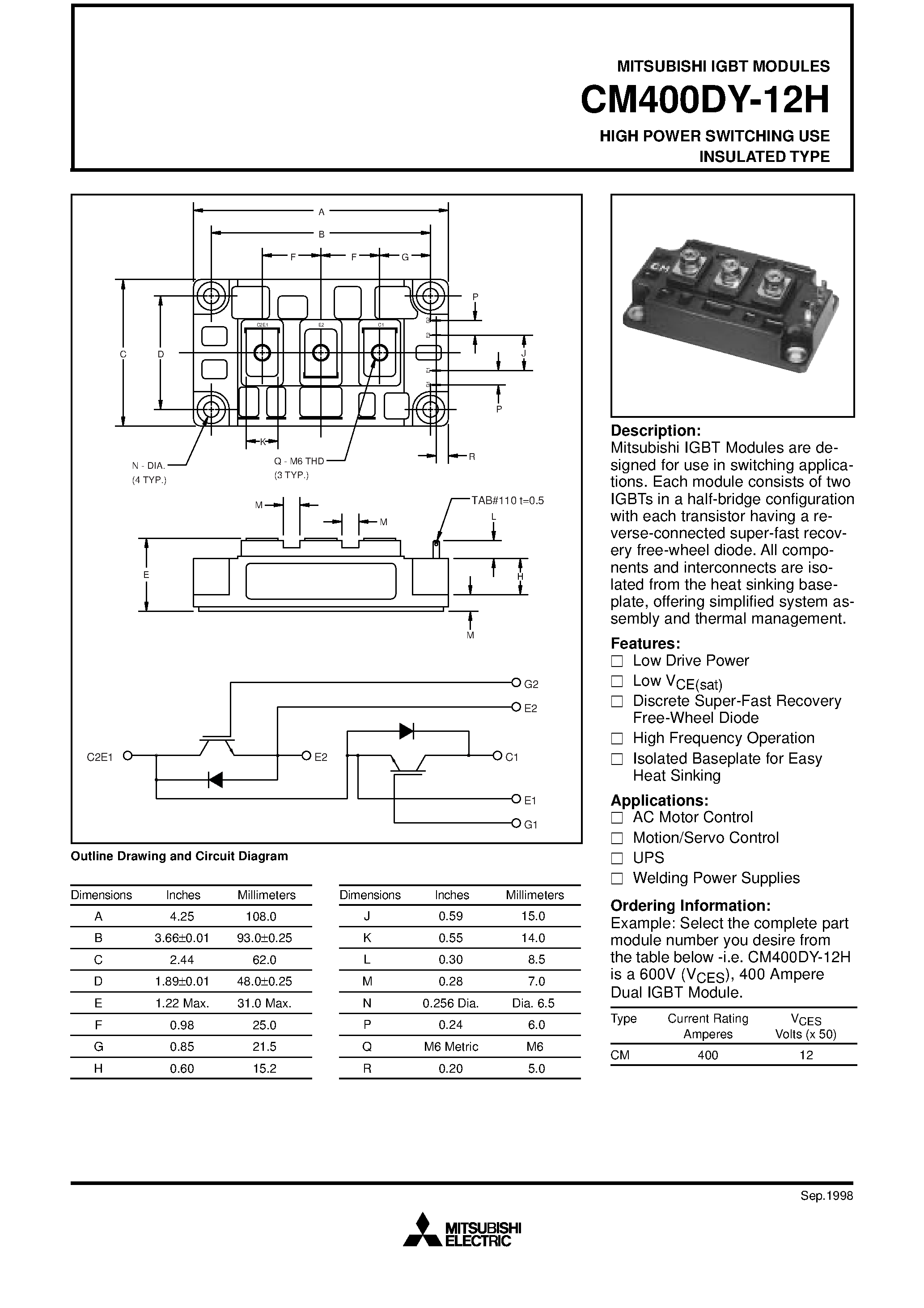 Даташит на микросхему CM400DY-12H страница 1 Даташит CM400DY-12H - HIGH POWER SWITCHING USE INSULATED TYPE страница 1