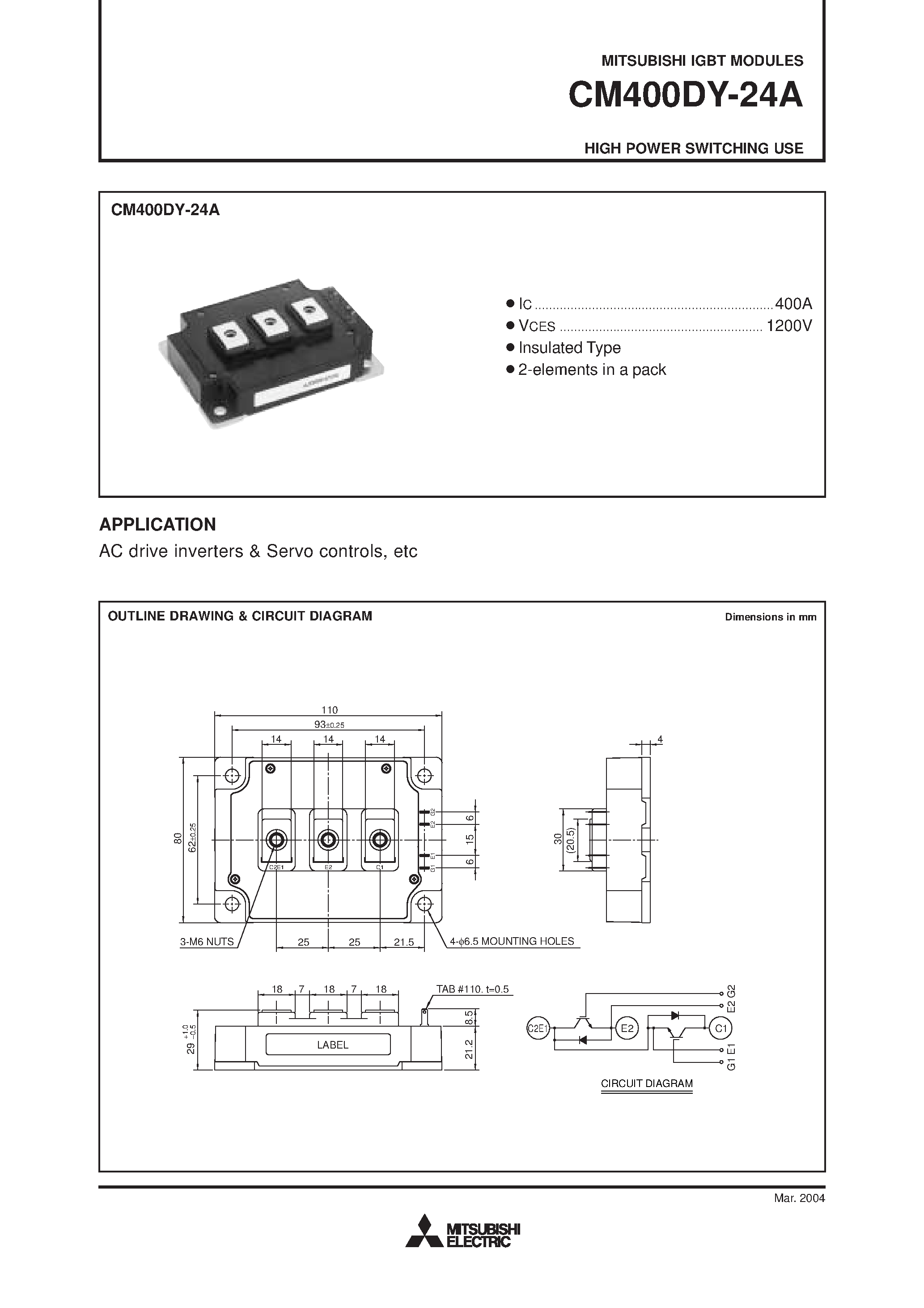 Даташит на микросхему CM400DY-24A страница 1 Даташит CM400DY-24A - HIGH POWER SWITCHING USE страница 1