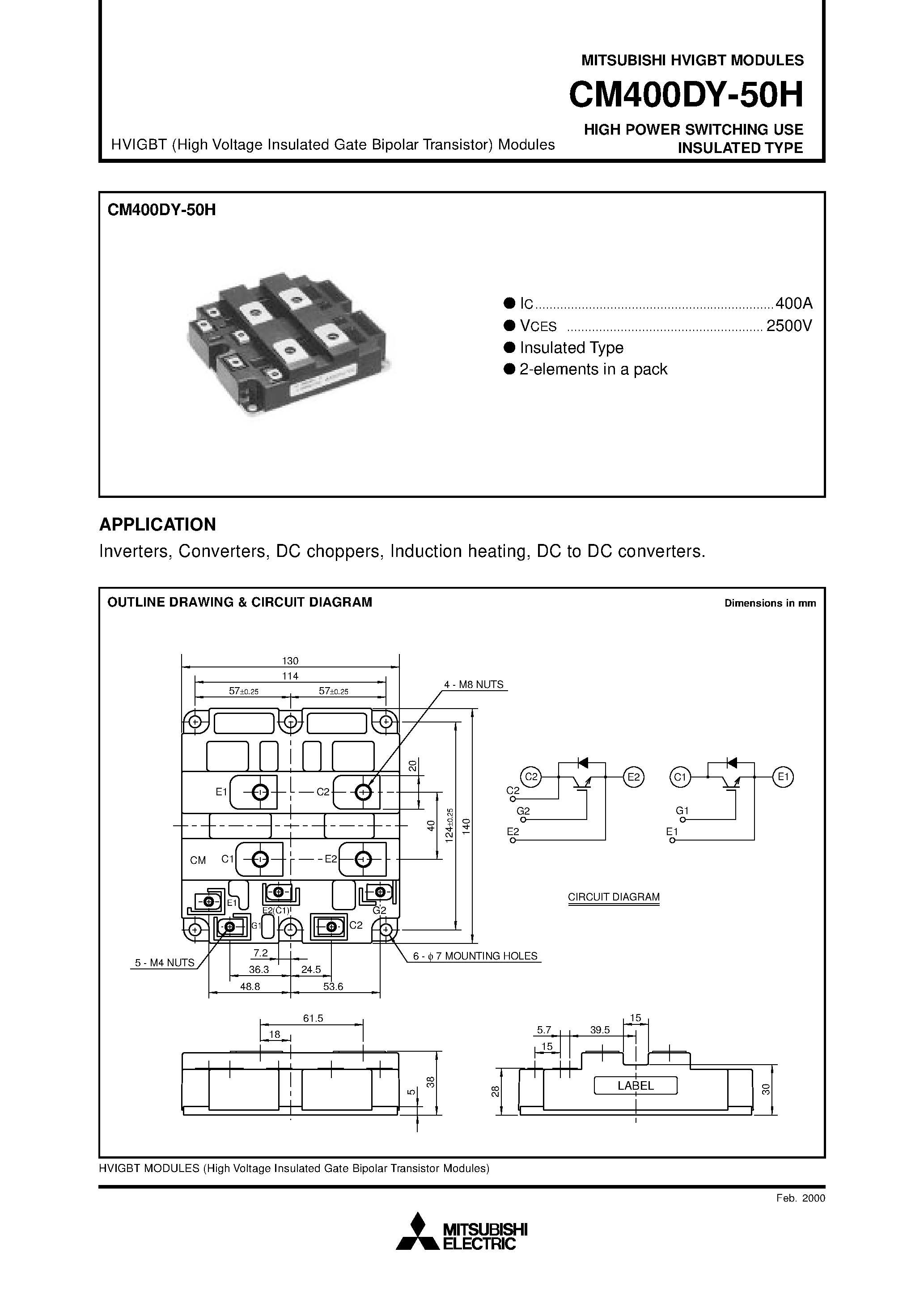 Даташит на микросхему CM400DY-50H страница 1 Даташит CM400DY-50H - HIGH POWER SWITCHING USE INSULATED TYPE страница 1