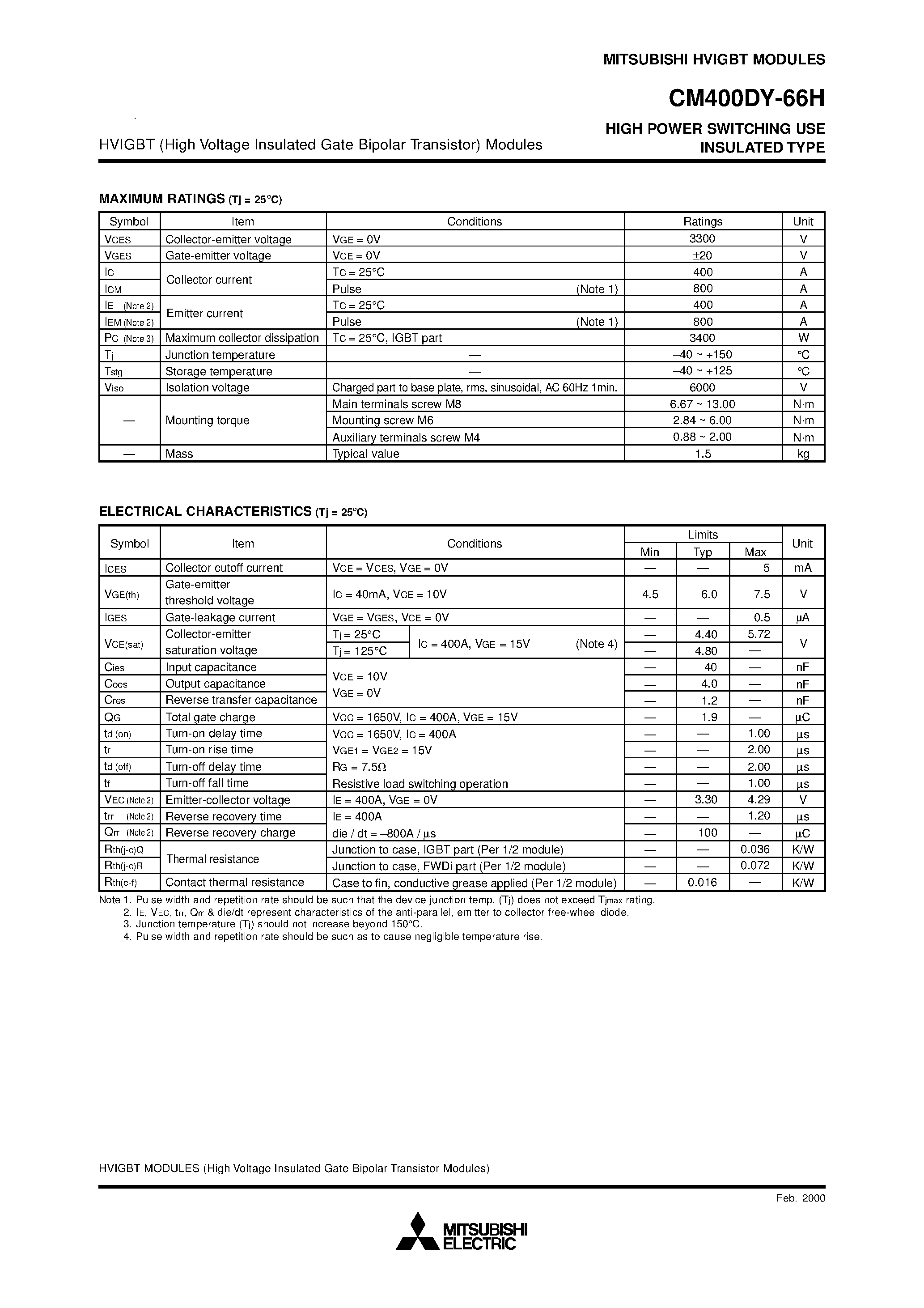 Даташит на микросхему CM400DY-66H страница 2 Даташит CM400DY-66H - HIGH POWER SWITCHING USE INSULATED TYPE страница 2