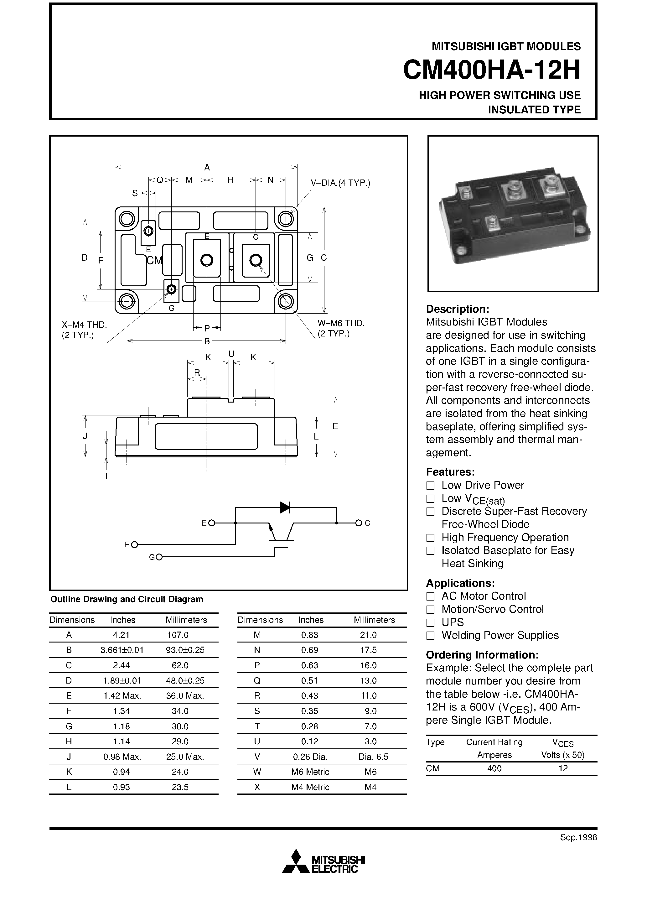 Даташит на микросхему CM400HA-12H страница 1 Даташит CM400HA-12H - HIGH POWER SWITCHING USE INSULATED TYPE страница 1