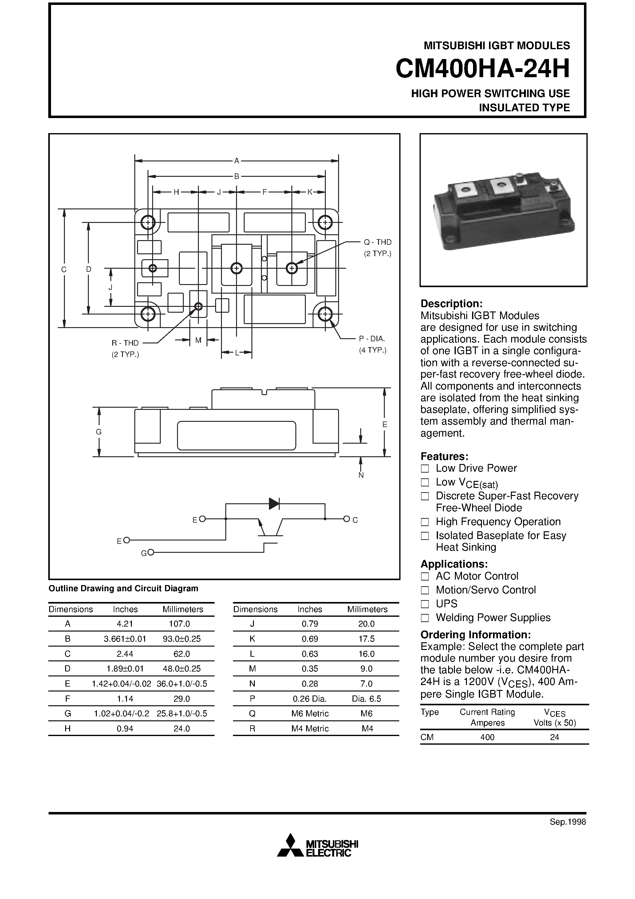 Даташит на микросхему CM400HA-24 страница 1 Даташит CM400HA-24 - HIGH POWER SWITCHING USE INSULATED TYPE страница 1
