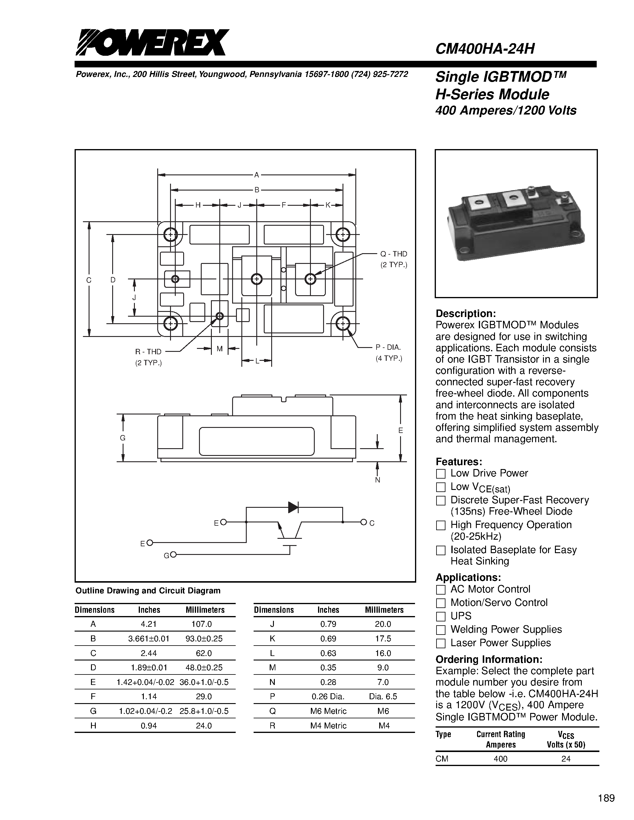 Даташит на микросхему CM400HA-24H страница 1 Даташит CM400HA-24H - HIGH POWER SWITCHING USE INSULATED TYPE страница 1