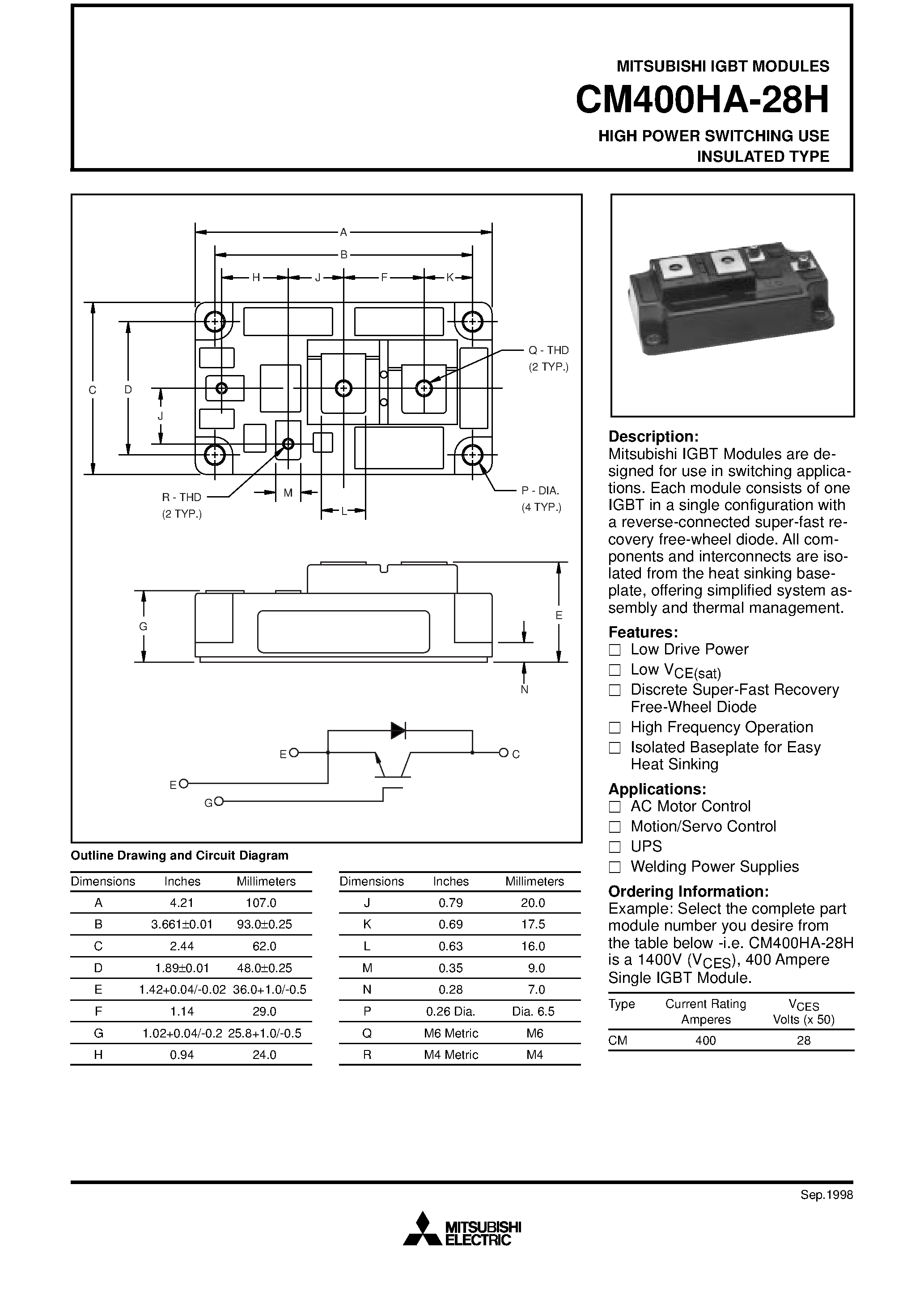 Даташит на микросхему CM400HA-28H страница 1 Даташит CM400HA-28H - HIGH POWER SWITCHING USE INSULATED TYPE страница 1