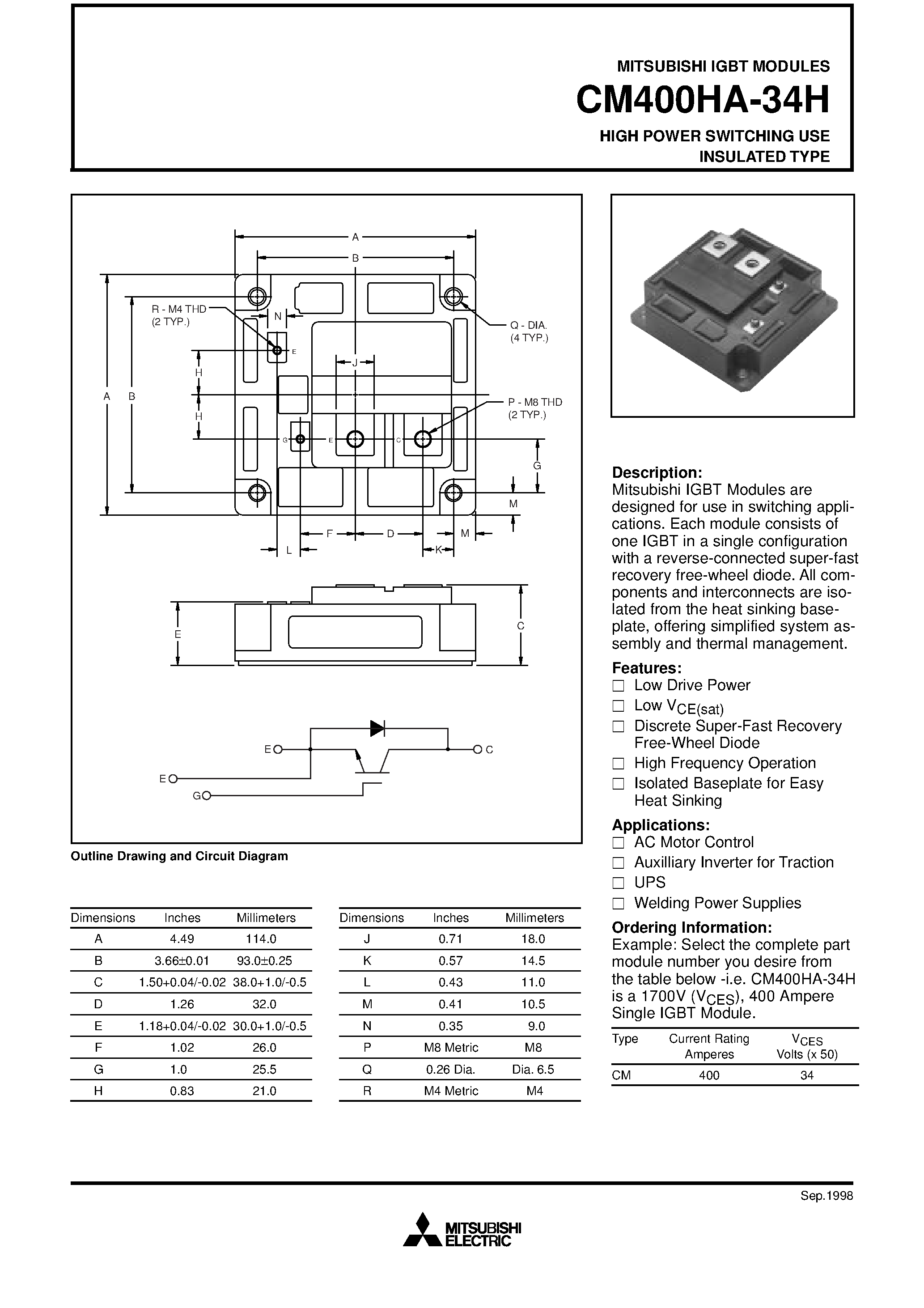 Даташит на микросхему CM400HA-34H страница 1 Даташит CM400HA-34H - HIGH POWER SWITCHING USE INSULATED TYPE страница 1