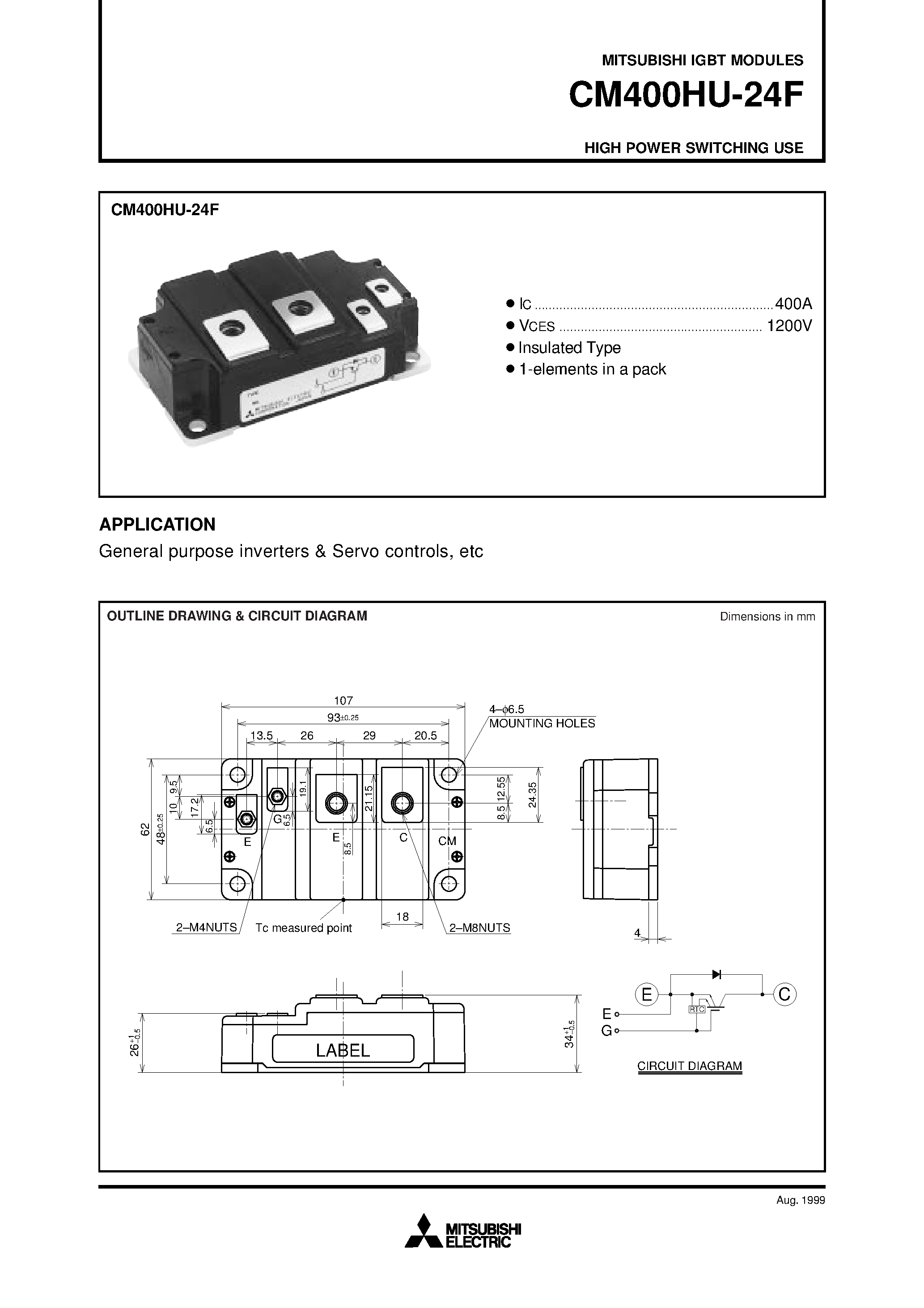 Даташит на микросхему CM400HU-24F страница 1 Даташит CM400HU-24F - HIGH POWER SWITCHING USE страница 1