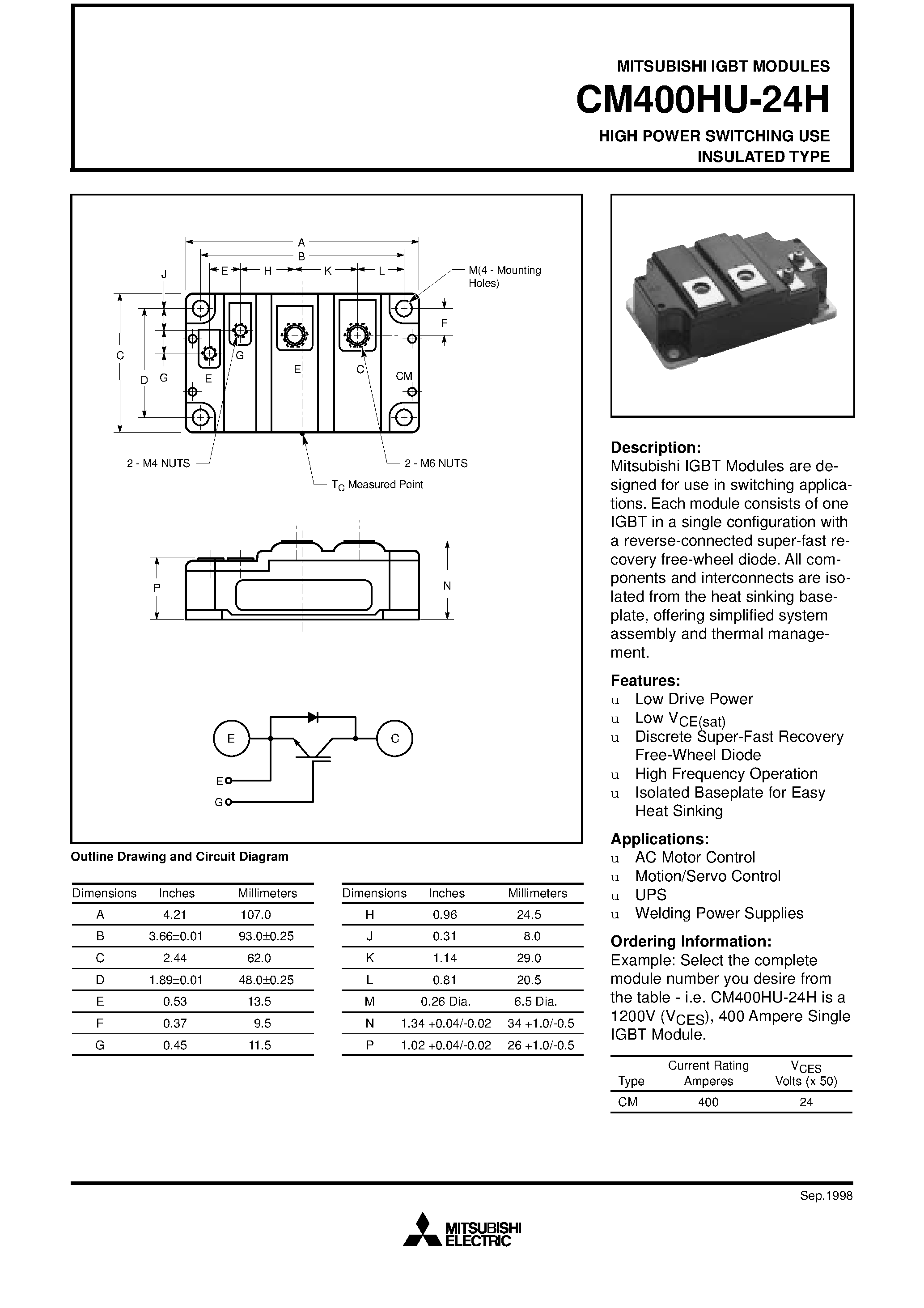 Даташит на микросхему CM400HU-24H страница 1 Даташит CM400HU-24H - HIGH POWER SWITCHING USE INSULATED TYPE страница 1