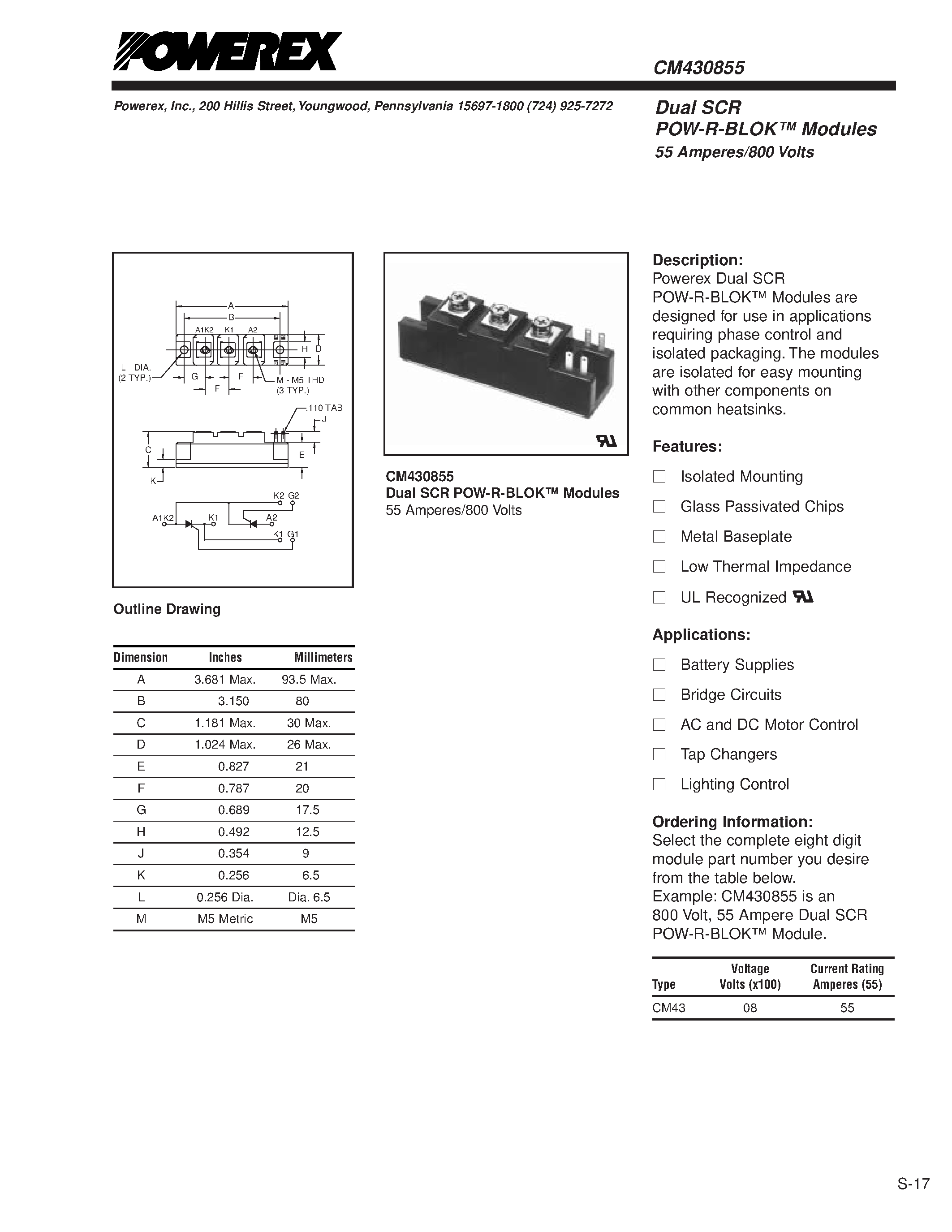 Даташит на микросхему CM430855 страница 1 Даташит CM430855 - Dual SCR POW-R-BLOK Modules 55 Amperes/800 Volts страница 1