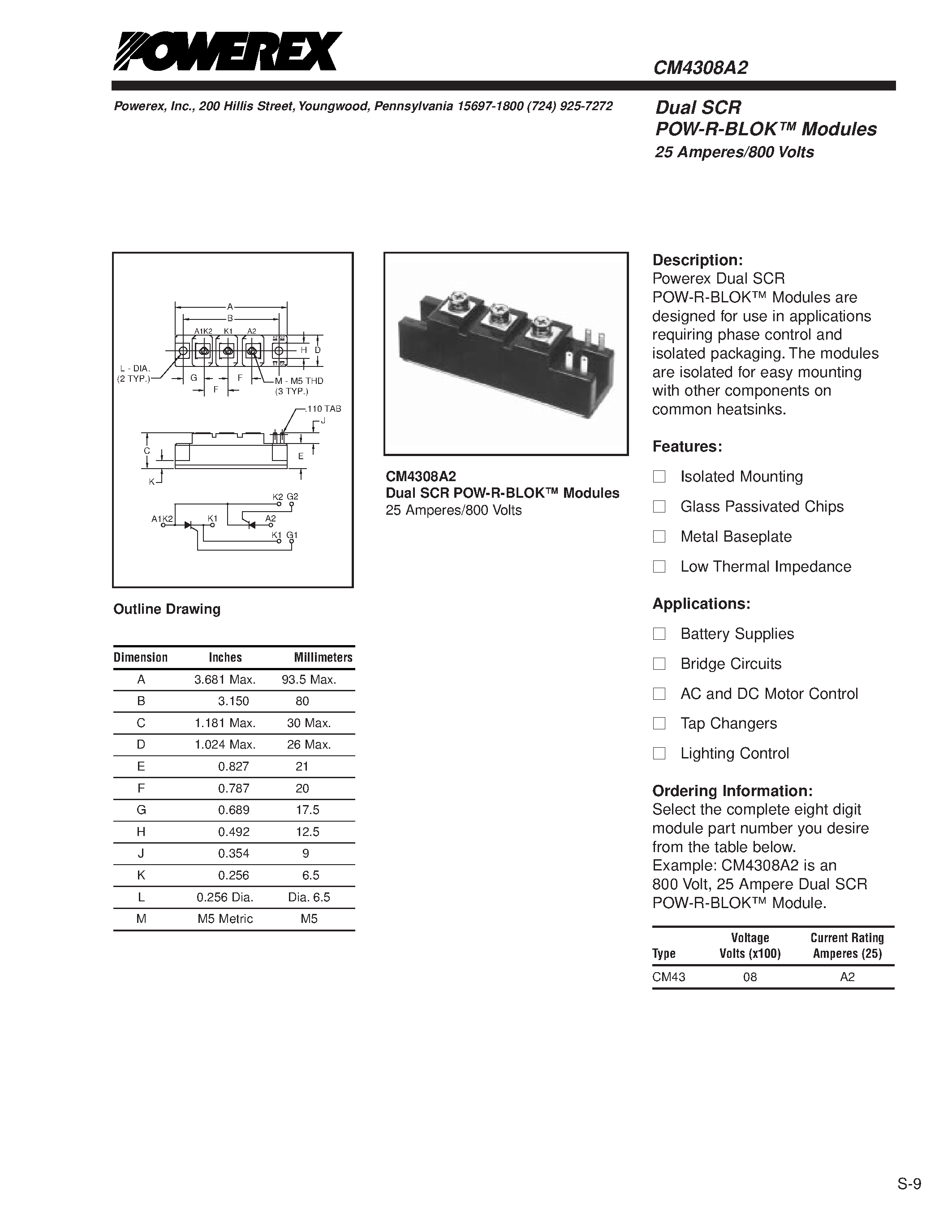 Даташит на микросхему CM4308A2 страница 1 Даташит CM4308A2 - Dual SCR POW-R-BLOK Modules 25 Amperes/800 Volts страница 1