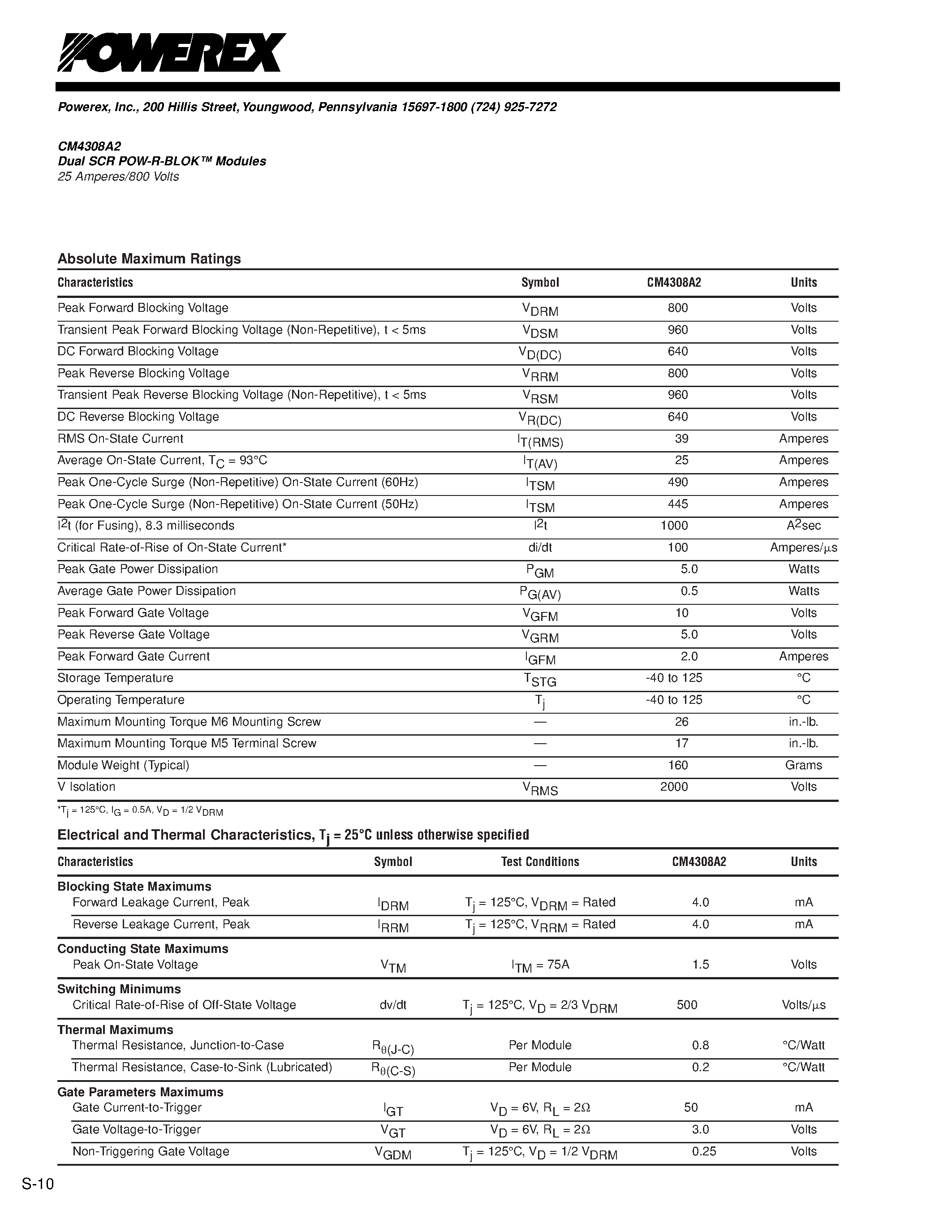 Даташит на микросхему CM4308A2 страница 2 Даташит CM4308A2 - Dual SCR POW-R-BLOK Modules 25 Amperes/800 Volts страница 2